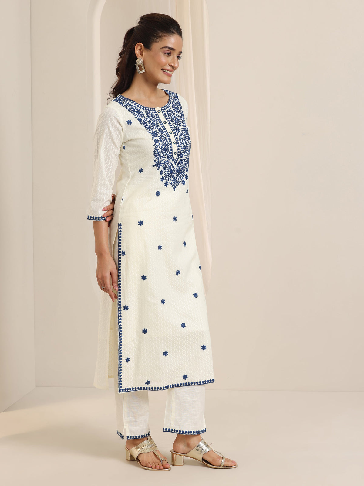 Libas Off White Embroidered Cotton Straight Suit Set With Dupatta