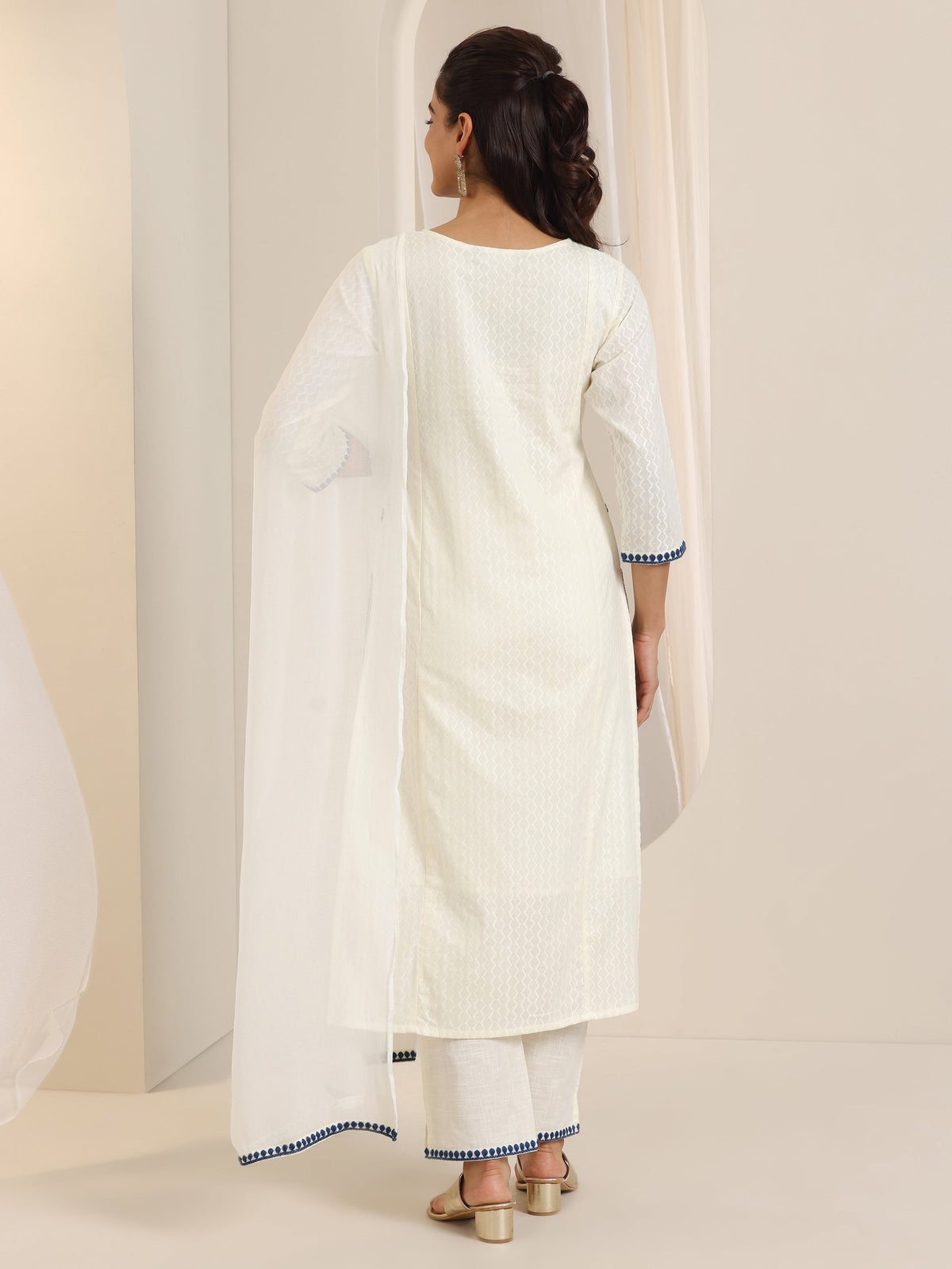 Libas Off White Embroidered Cotton Straight Suit Set With Dupatta