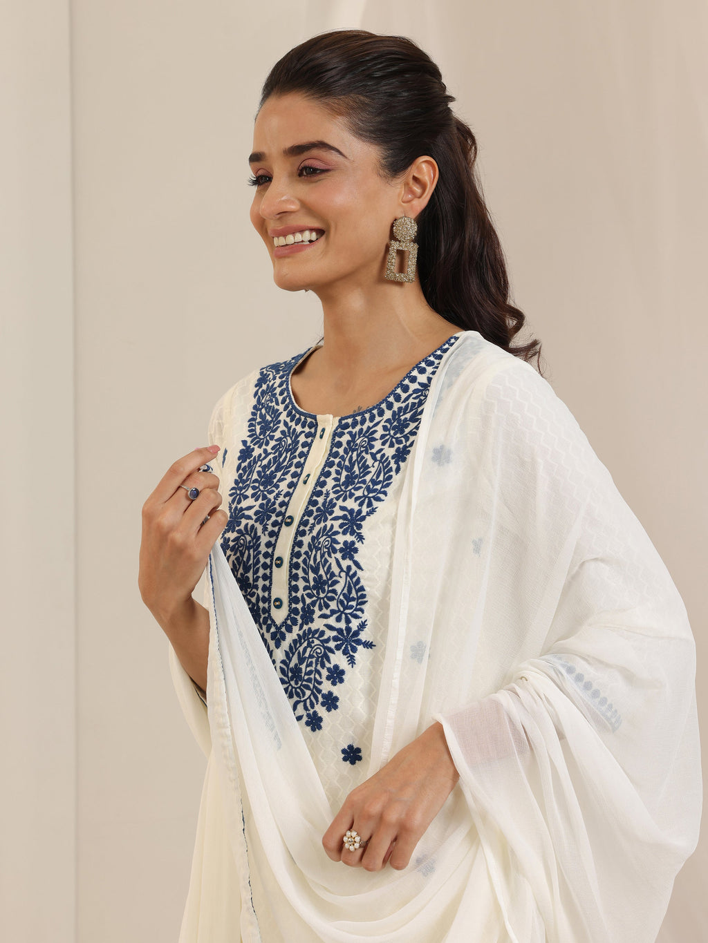Libas Off White Embroidered Cotton Straight Suit Set With Dupatta