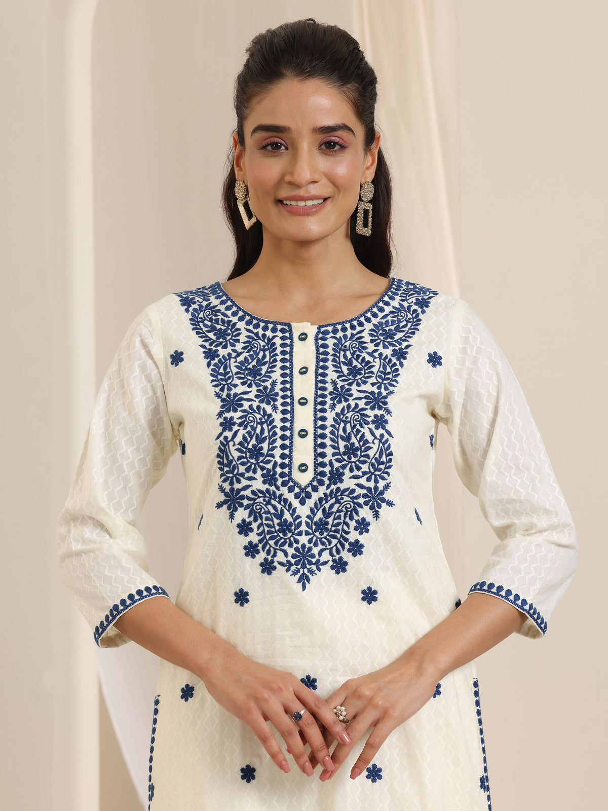 Libas Off White Embroidered Cotton Straight Suit Set With Dupatta