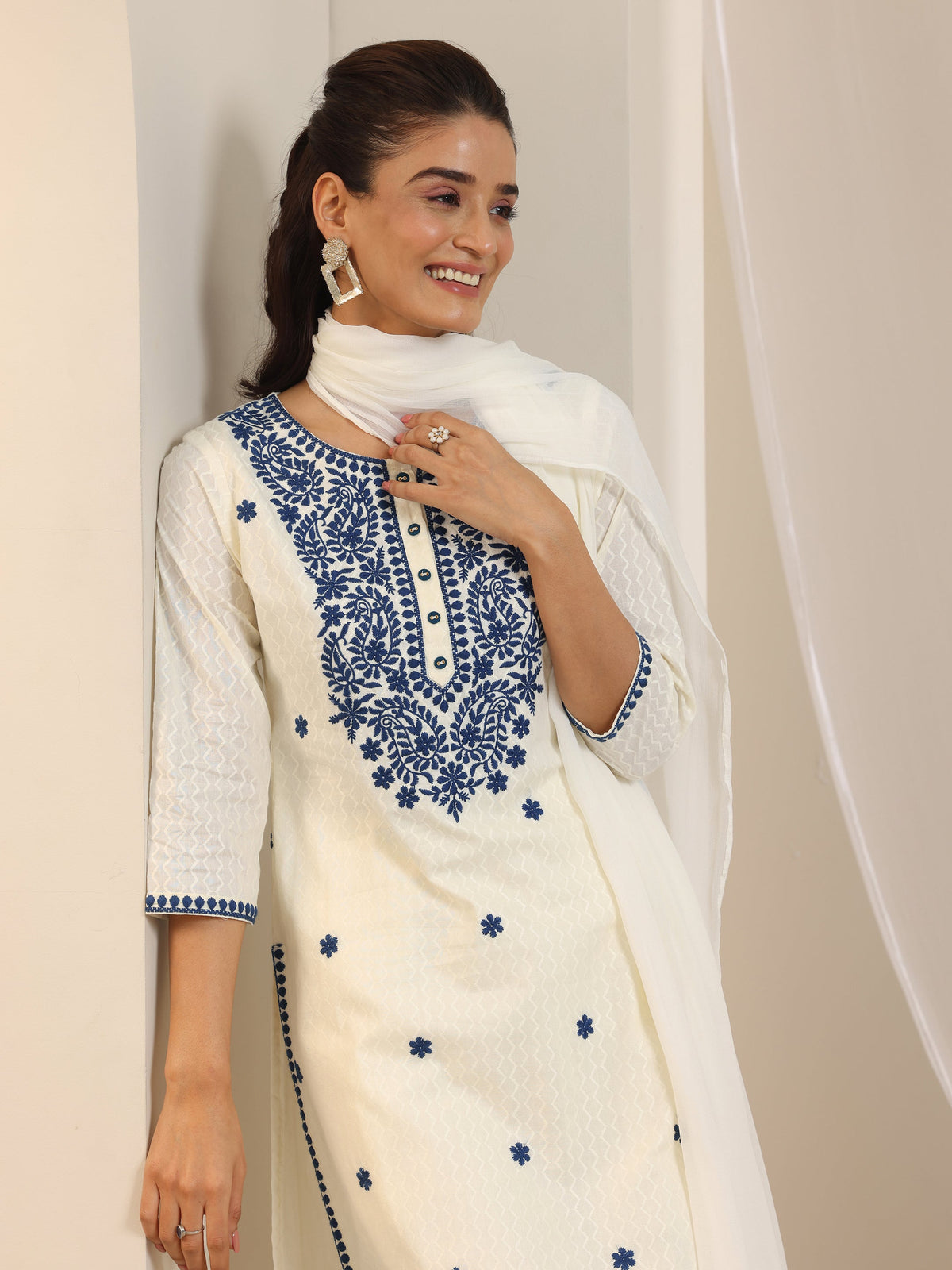 Libas Off White Embroidered Cotton Straight Suit Set With Dupatta