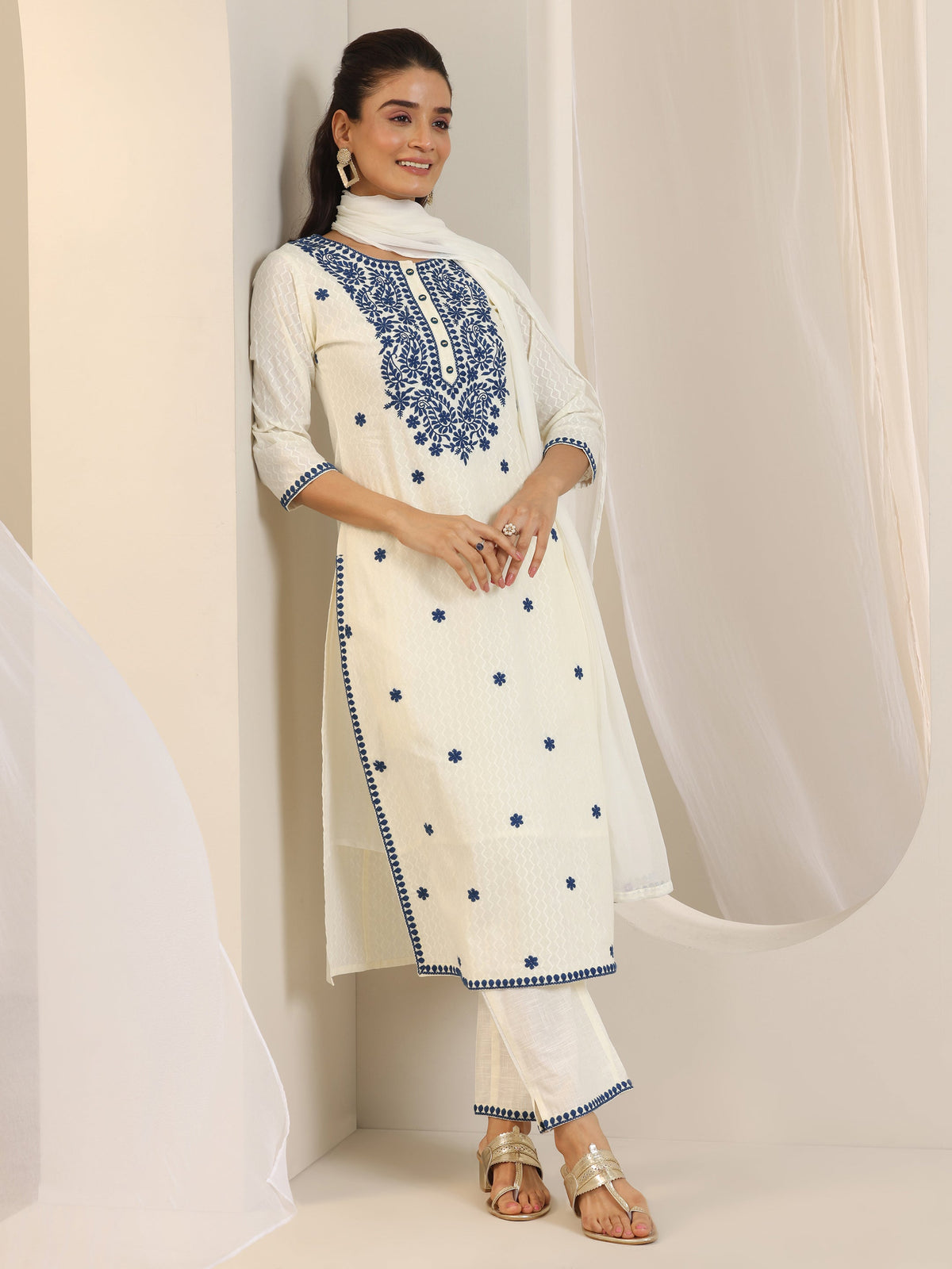 Libas Off White Embroidered Cotton Straight Suit Set With Dupatta