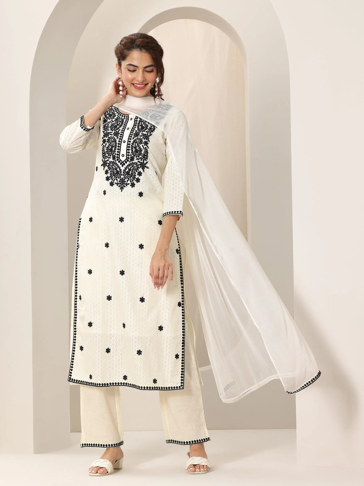 Libas Off White Embroidered Cotton Straight Suit Set With Dupatta