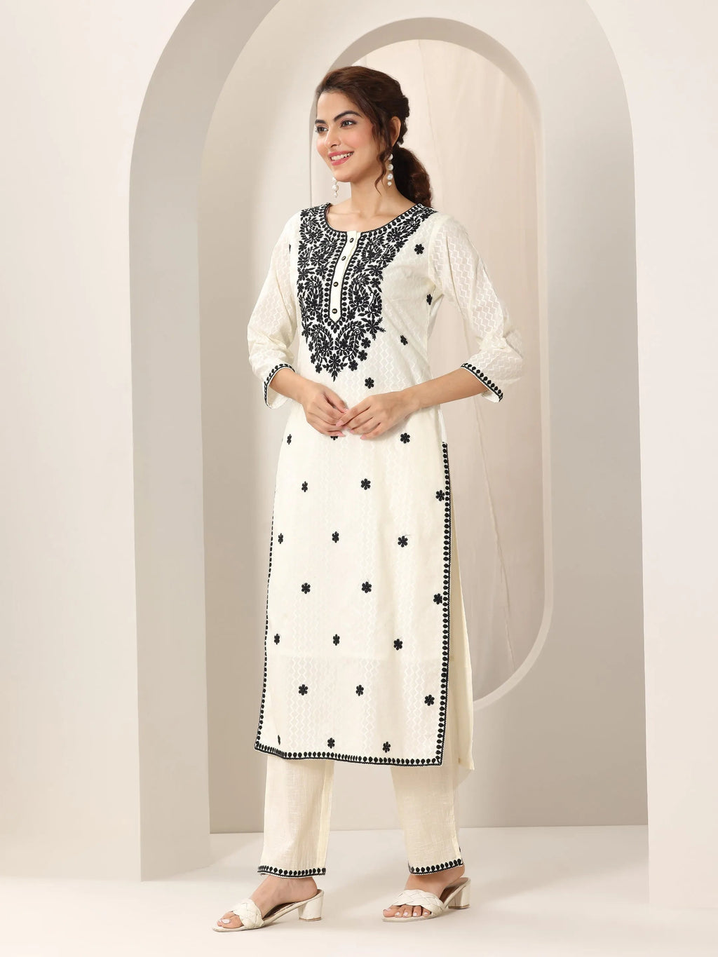 Libas Off White Embroidered Cotton Straight Suit Set With Dupatta