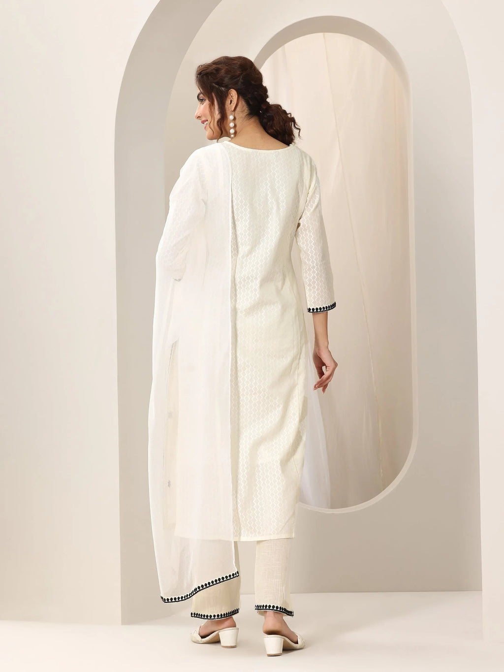 Libas Off White Embroidered Cotton Straight Suit Set With Dupatta
