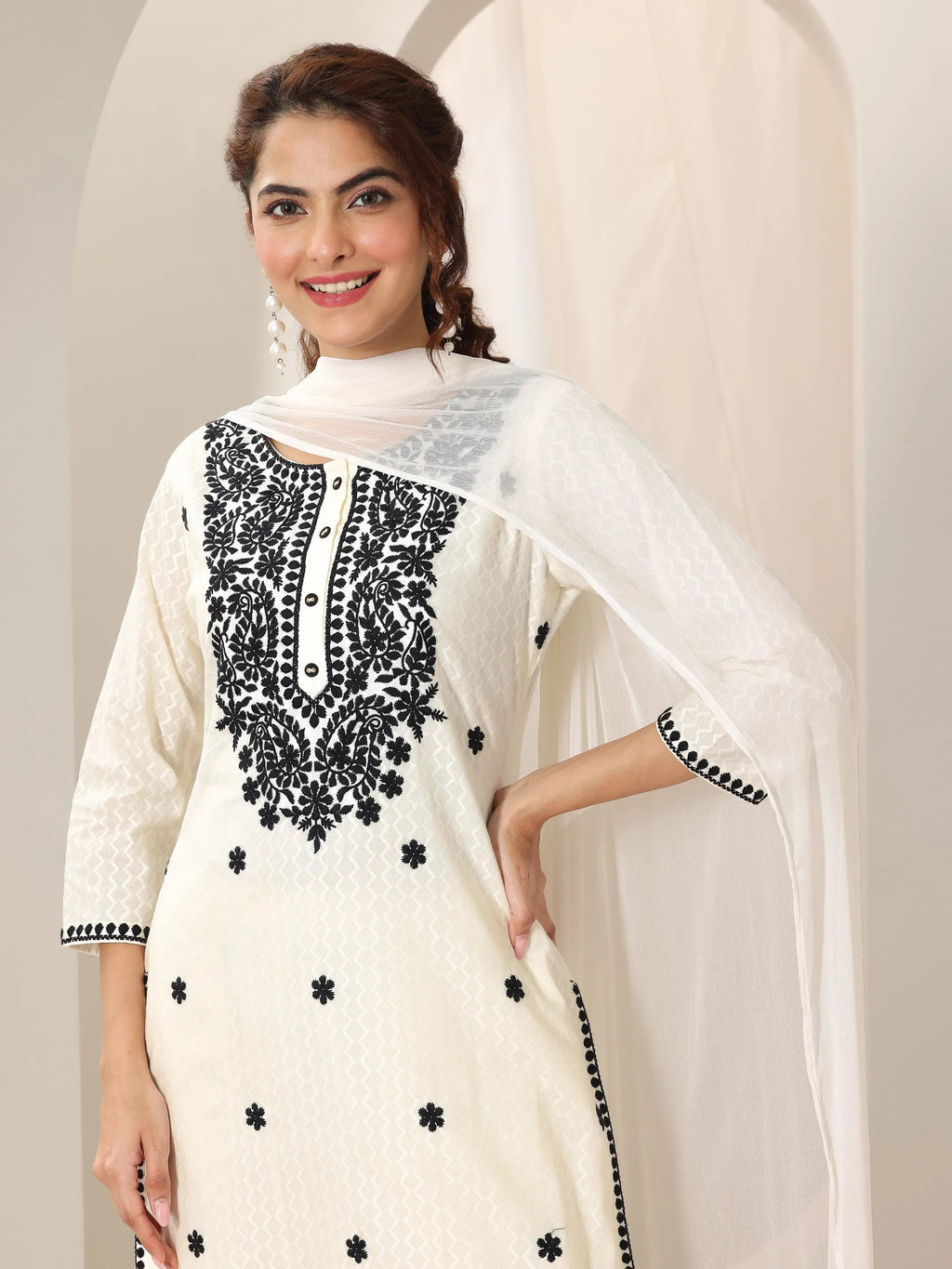 Libas Off White Embroidered Cotton Straight Suit Set With Dupatta