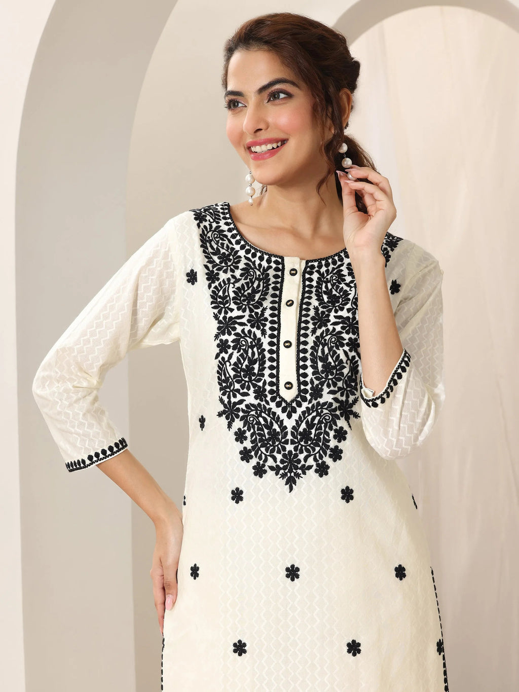 Libas Off White Embroidered Cotton Straight Suit Set With Dupatta