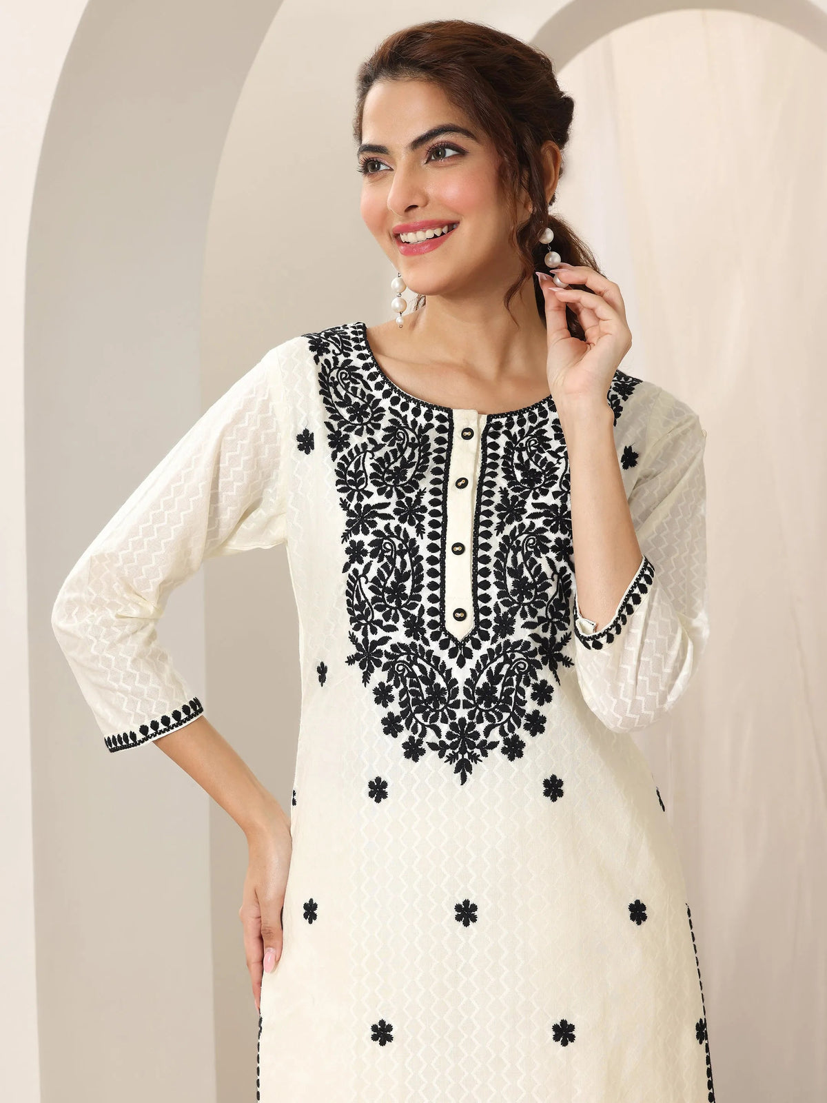 Libas Off White Embroidered Cotton Straight Suit Set With Dupatta