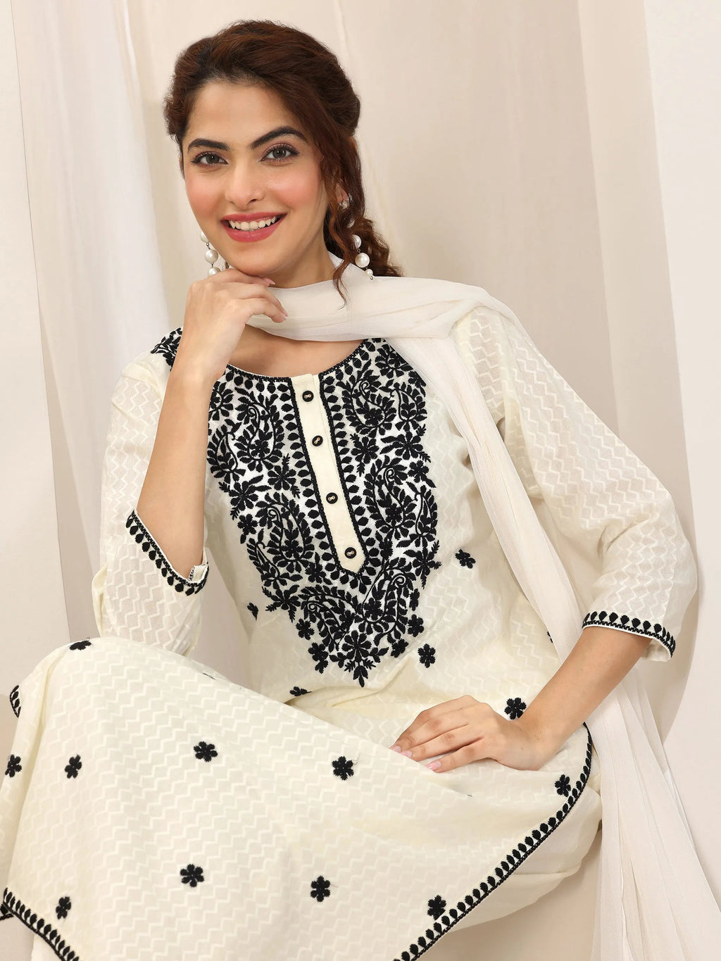 Libas Off White Embroidered Cotton Straight Suit Set With Dupatta