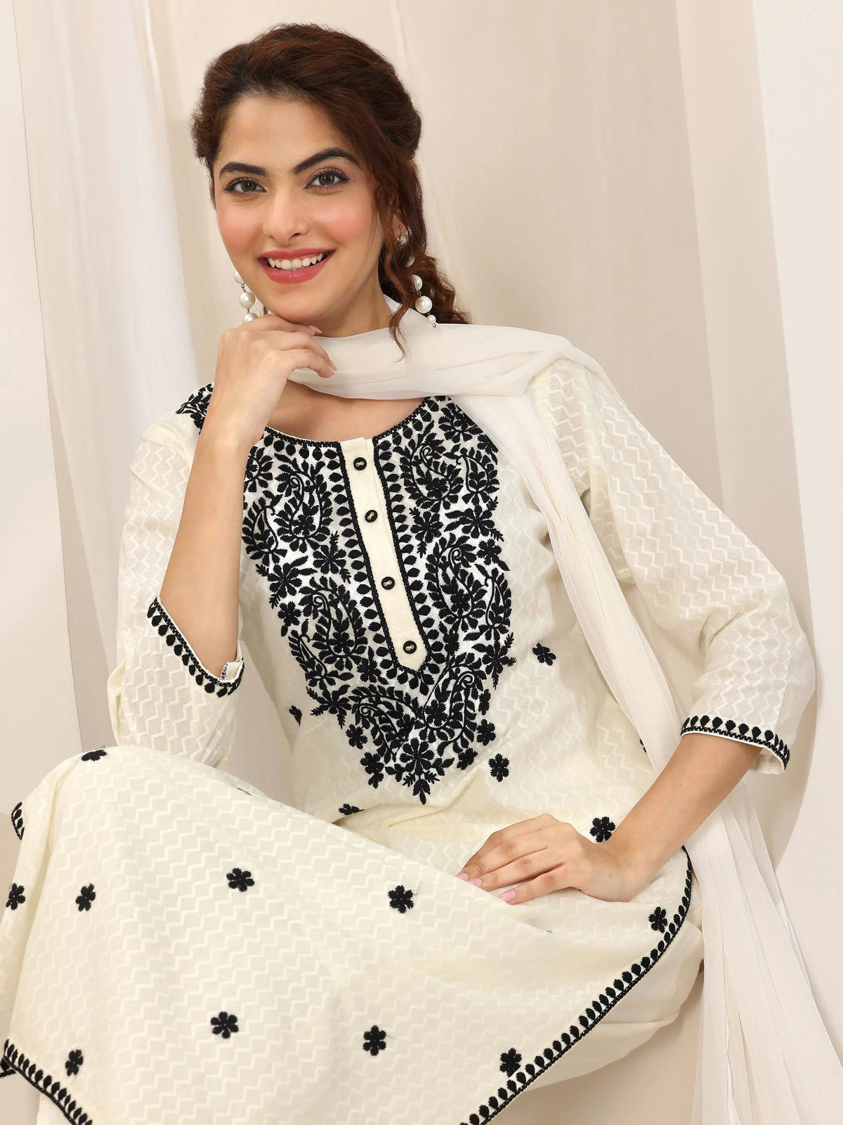 Libas Off White Embroidered Cotton Straight Suit Set With Dupatta