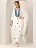 Libas Off White Embroidered Cotton Straight Suit Set With Dupatta