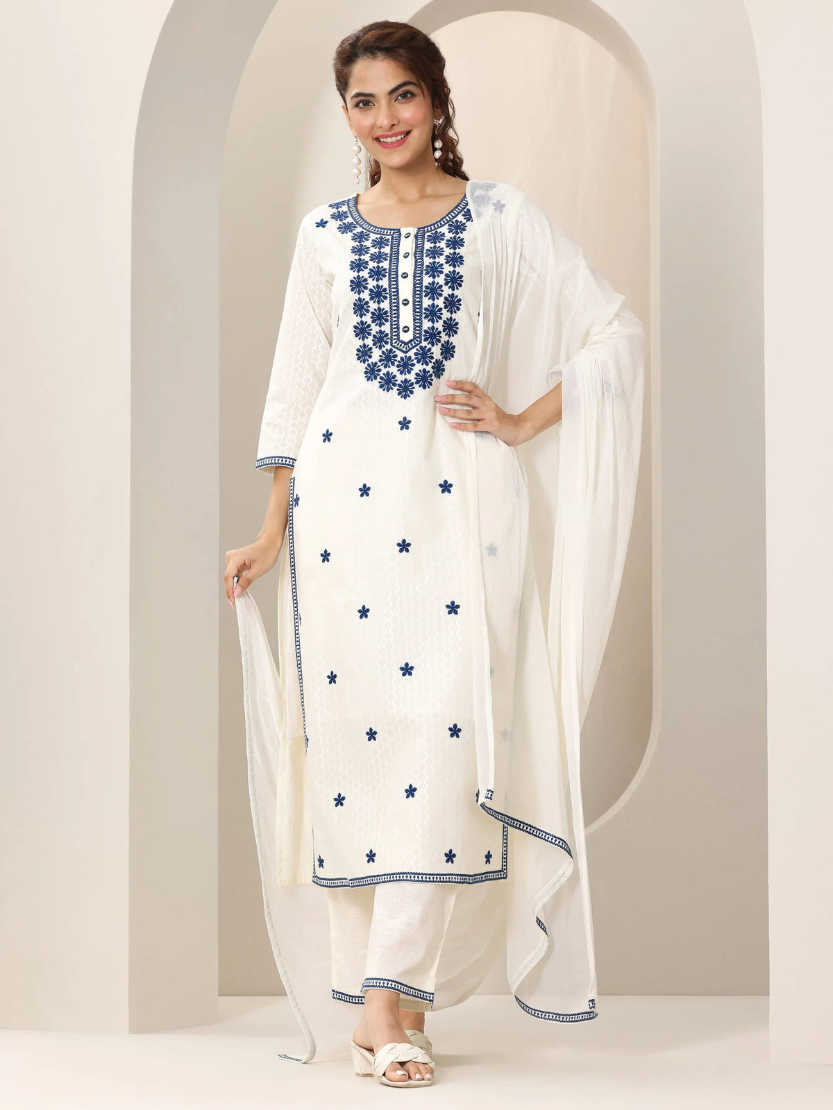Libas Off White Embroidered Cotton Straight Suit Set With Dupatta