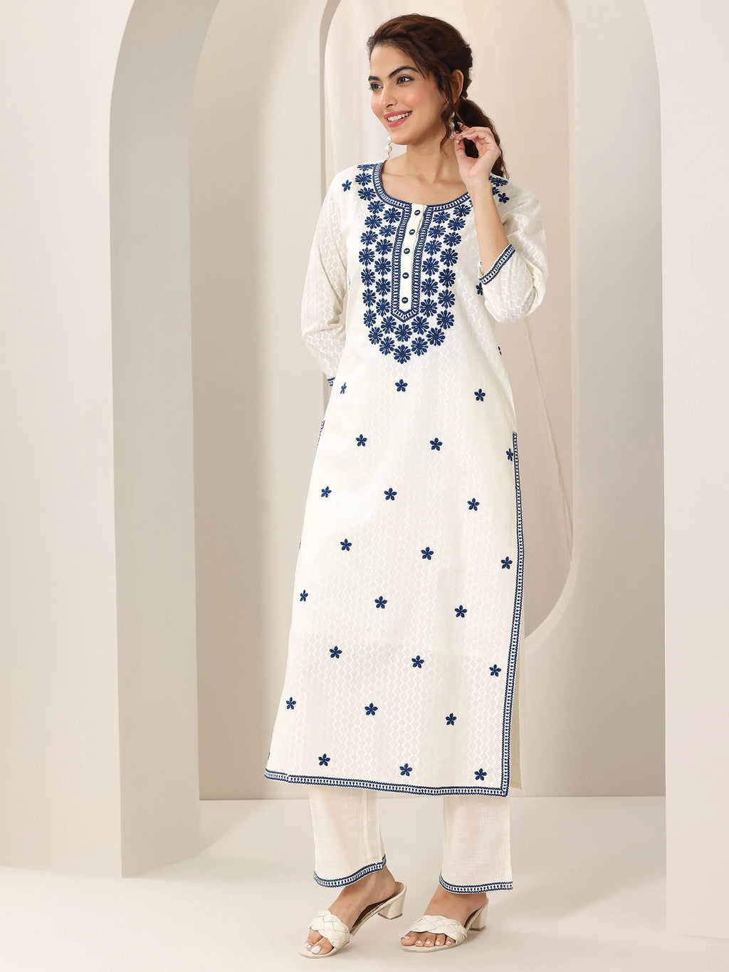 Libas Off White Embroidered Cotton Straight Suit Set With Dupatta