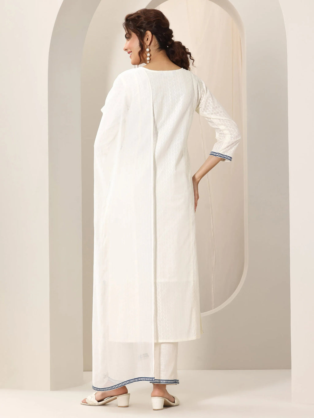 Libas Off White Embroidered Cotton Straight Suit Set With Dupatta