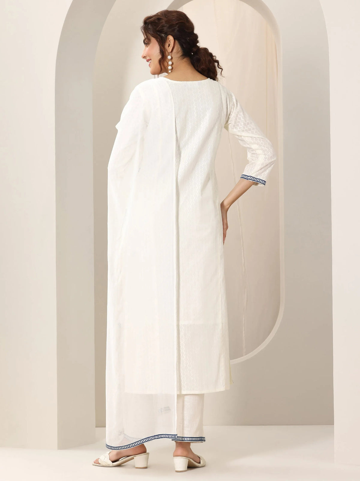 Libas Off White Embroidered Cotton Straight Suit Set With Dupatta