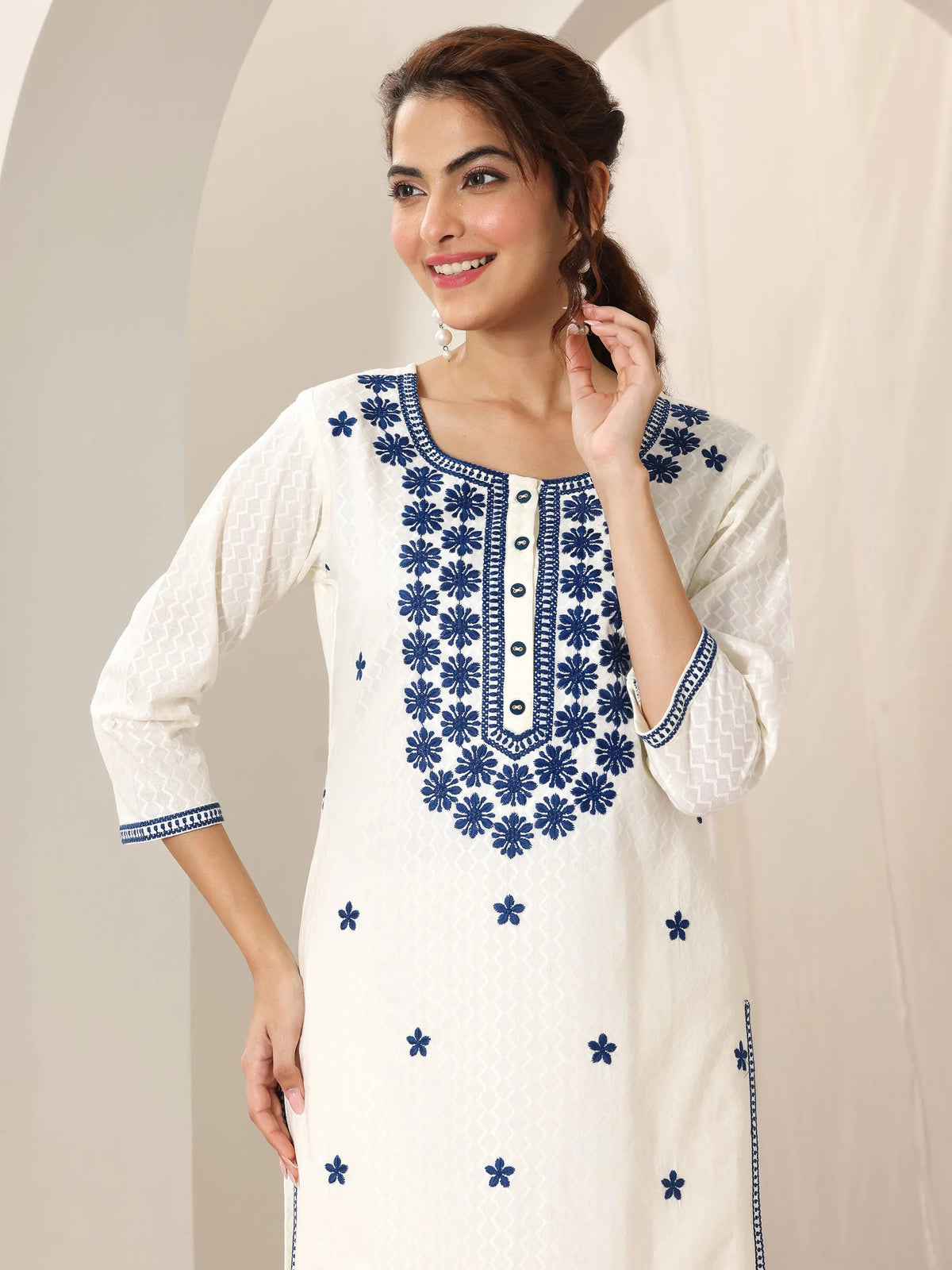 Libas Off White Embroidered Cotton Straight Suit Set With Dupatta