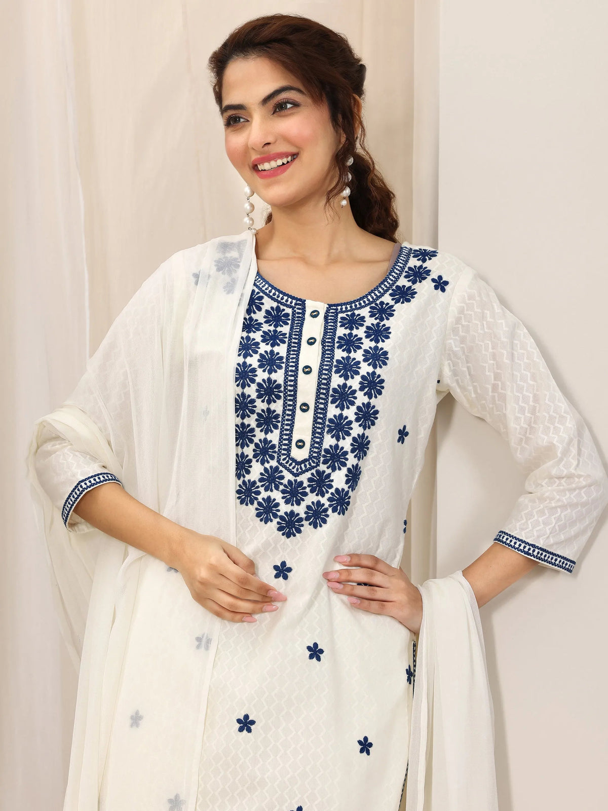 Libas Off White Embroidered Cotton Straight Suit Set With Dupatta