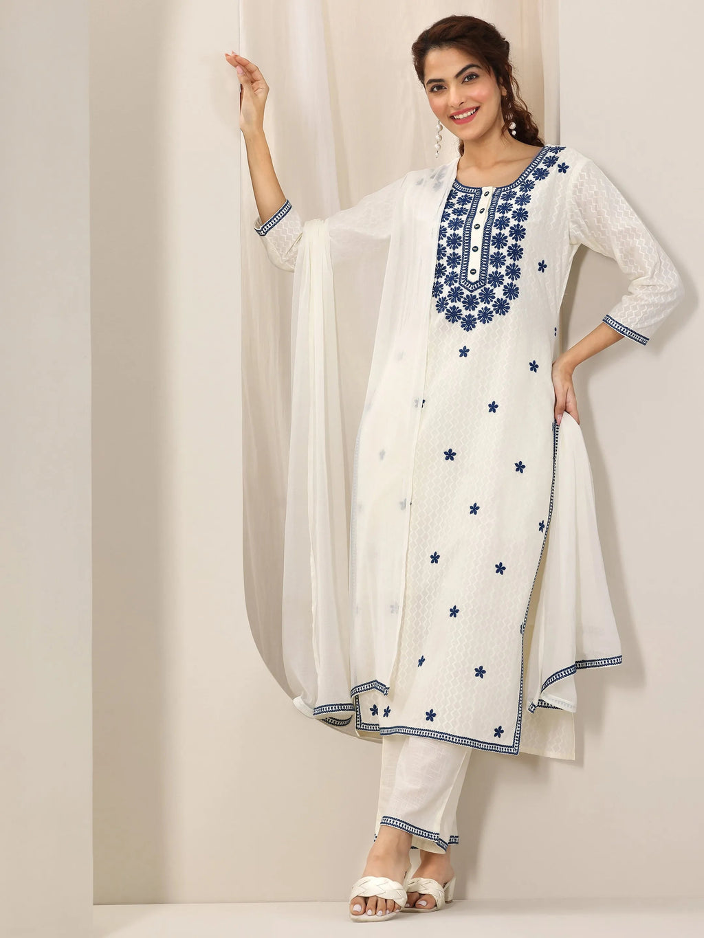 Libas Off White Embroidered Cotton Straight Suit Set With Dupatta