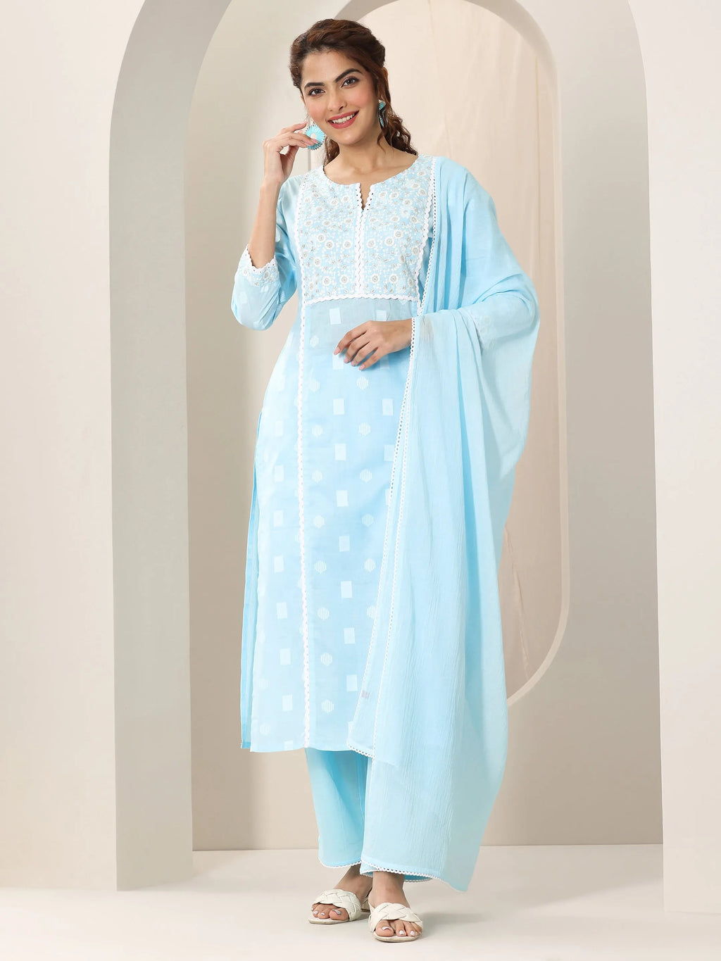 Libas Blue Embroidered Cotton Straight Suit Set With Dupatta