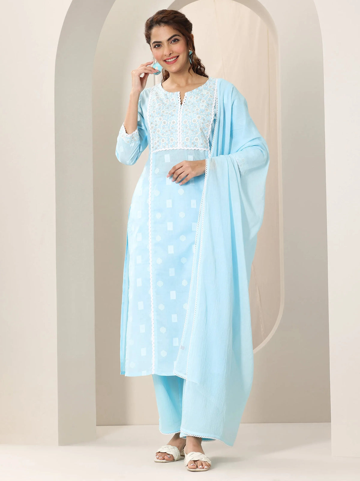 Libas Blue Embroidered Cotton Straight Suit Set With Dupatta