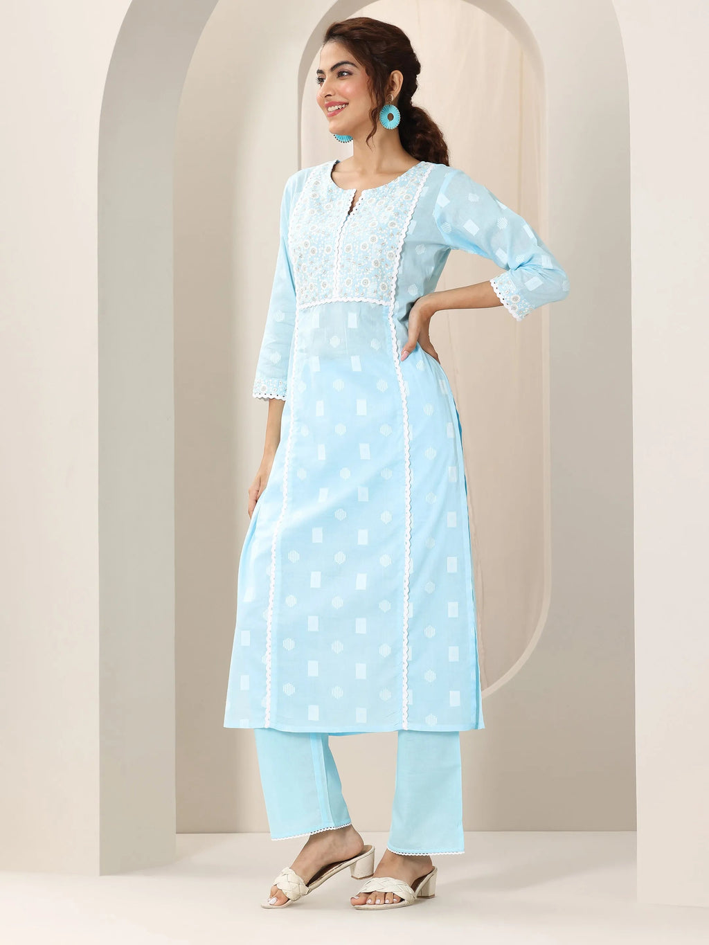 Libas Blue Embroidered Cotton Straight Suit Set With Dupatta