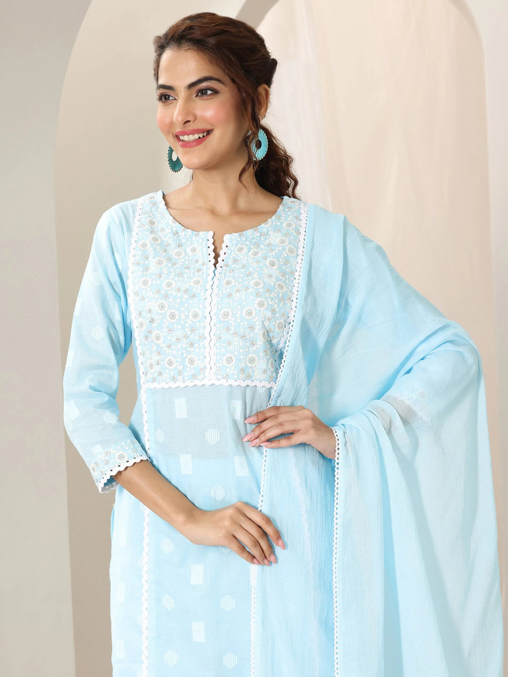 Libas Blue Embroidered Cotton Straight Suit Set With Dupatta