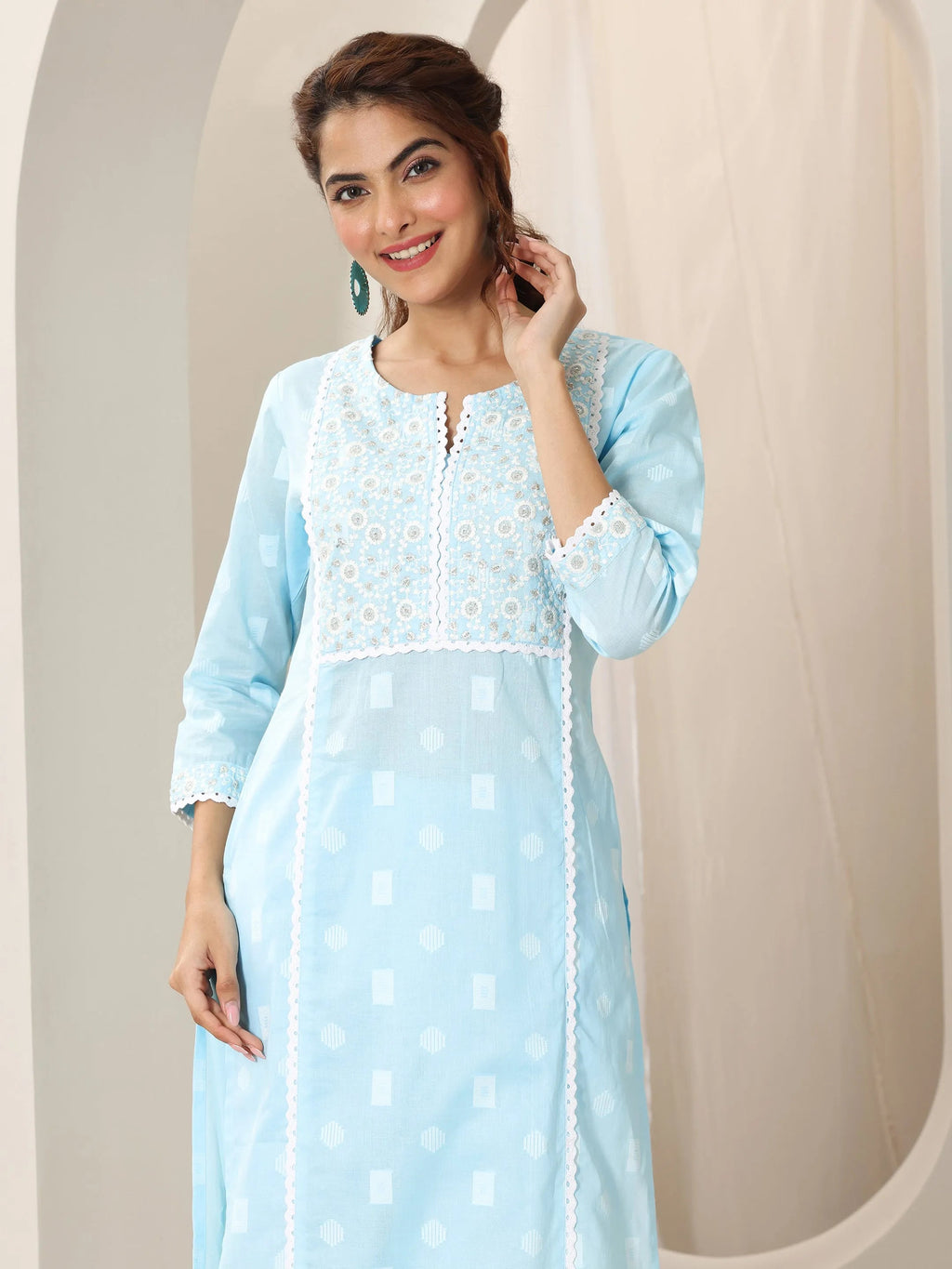 Libas Blue Embroidered Cotton Straight Suit Set With Dupatta