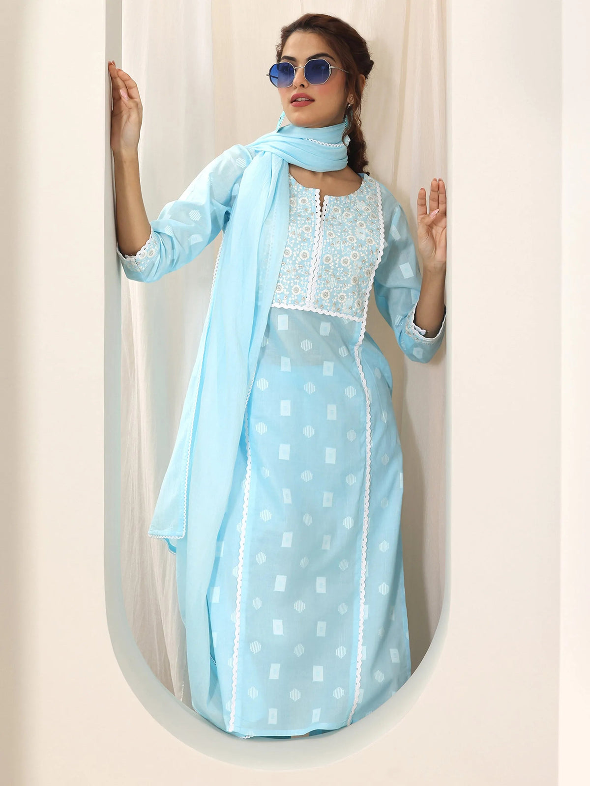 Libas Blue Embroidered Cotton Straight Suit Set With Dupatta