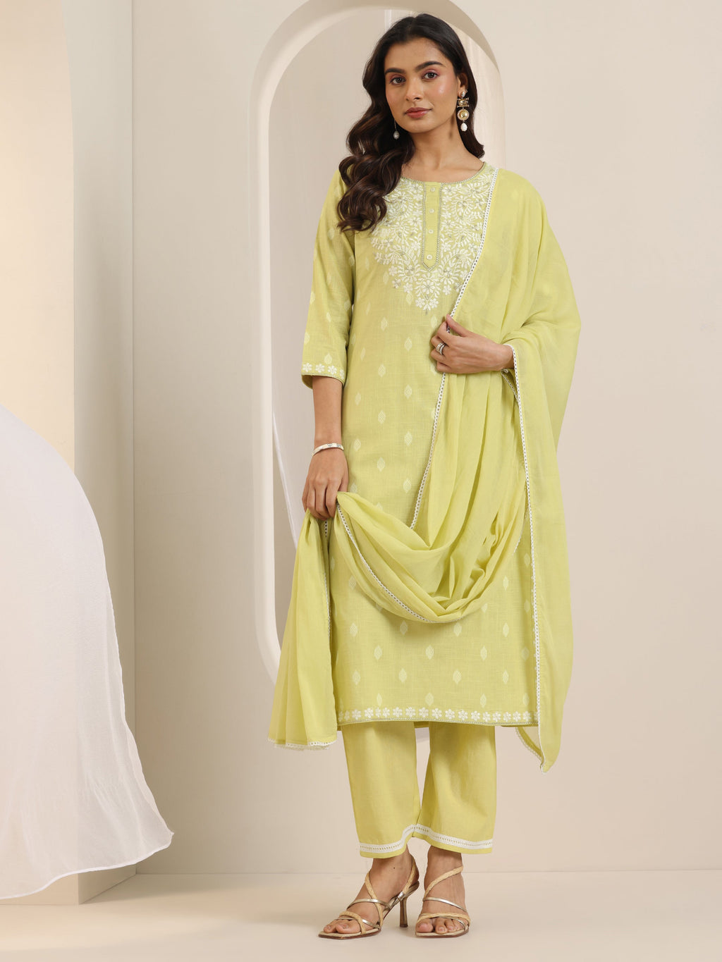 Libas Lime Green Embroidered Cotton Straight Suit Set With Dupatta