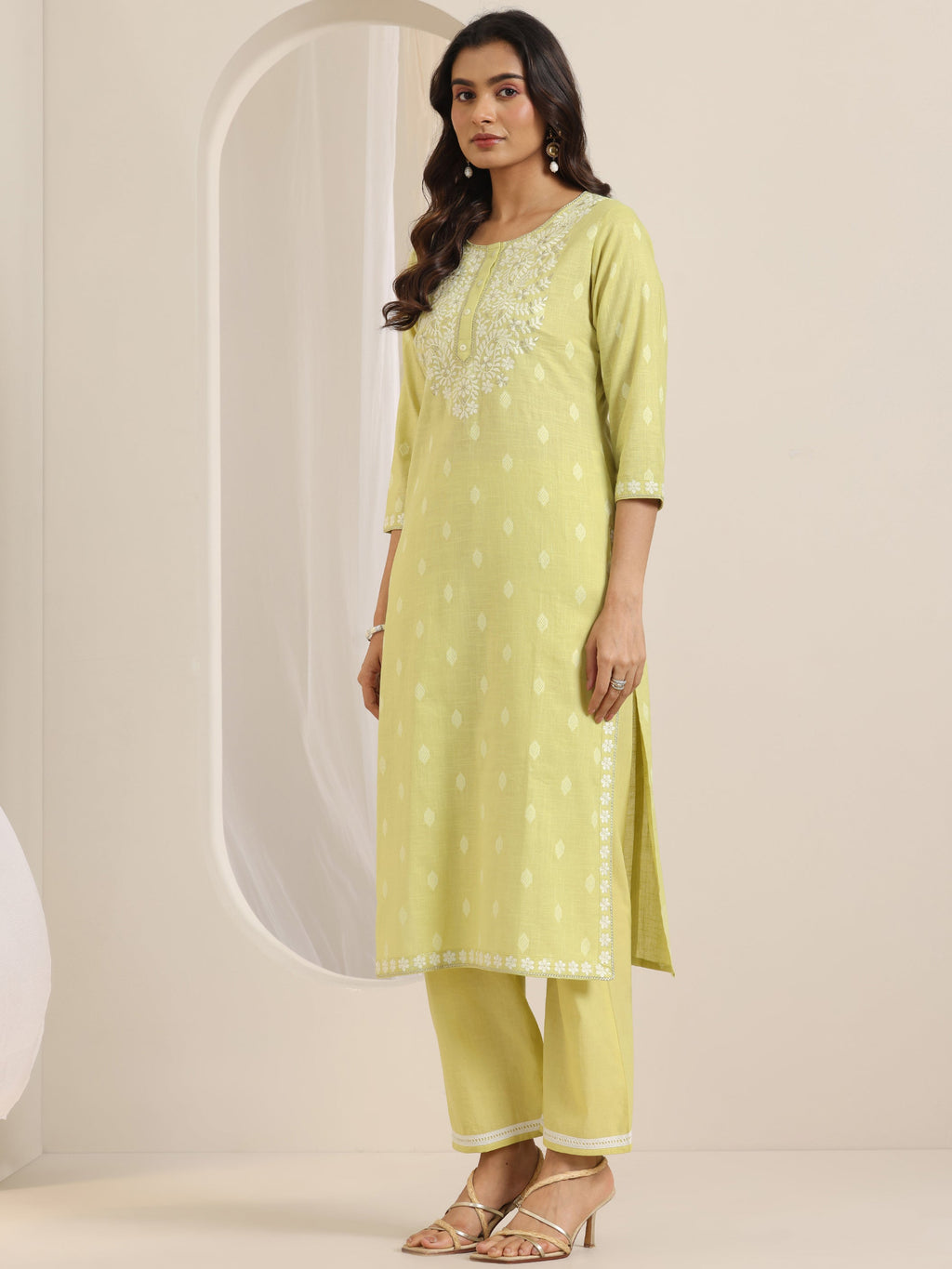Libas Lime Green Embroidered Cotton Straight Suit Set With Dupatta