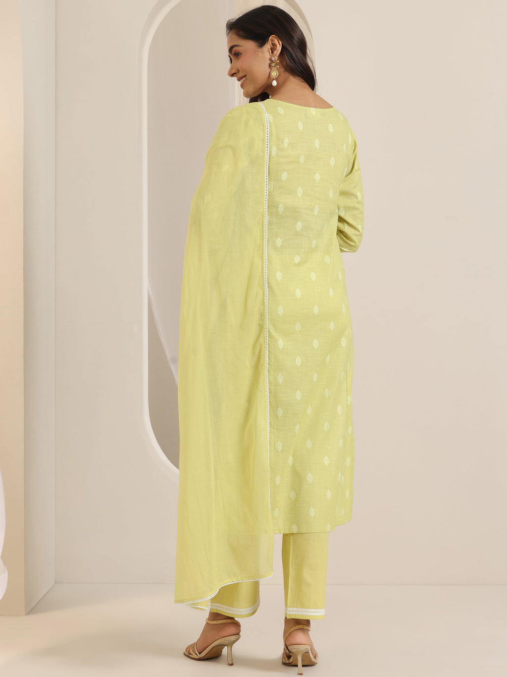 Libas Lime Green Embroidered Cotton Straight Suit Set With Dupatta