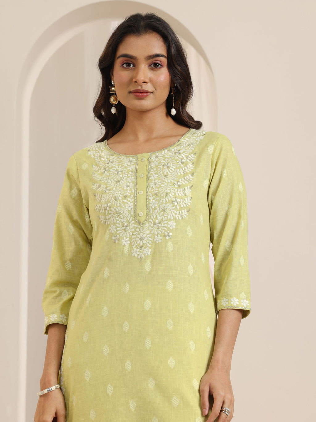 Libas Lime Green Embroidered Cotton Straight Suit Set With Dupatta