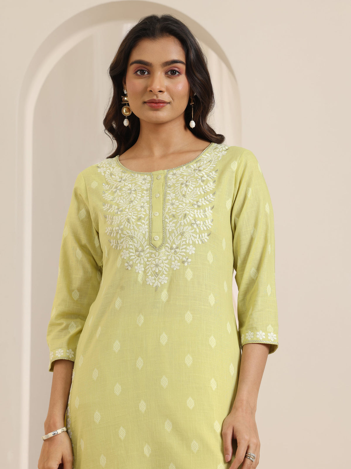 Libas Lime Green Embroidered Cotton Straight Suit Set With Dupatta