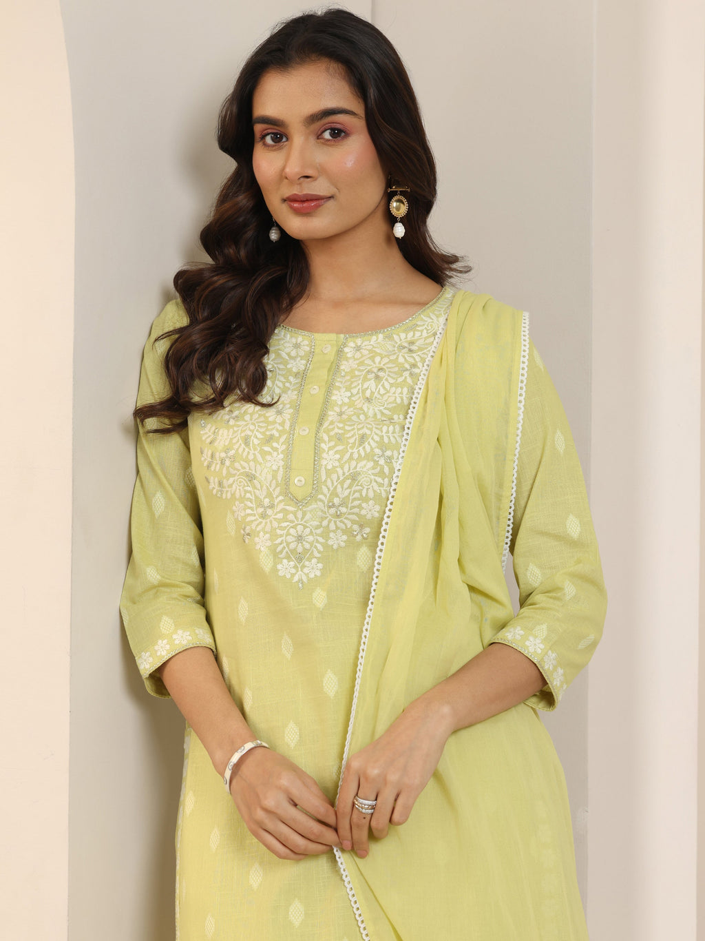 Libas Lime Green Embroidered Cotton Straight Suit Set With Dupatta