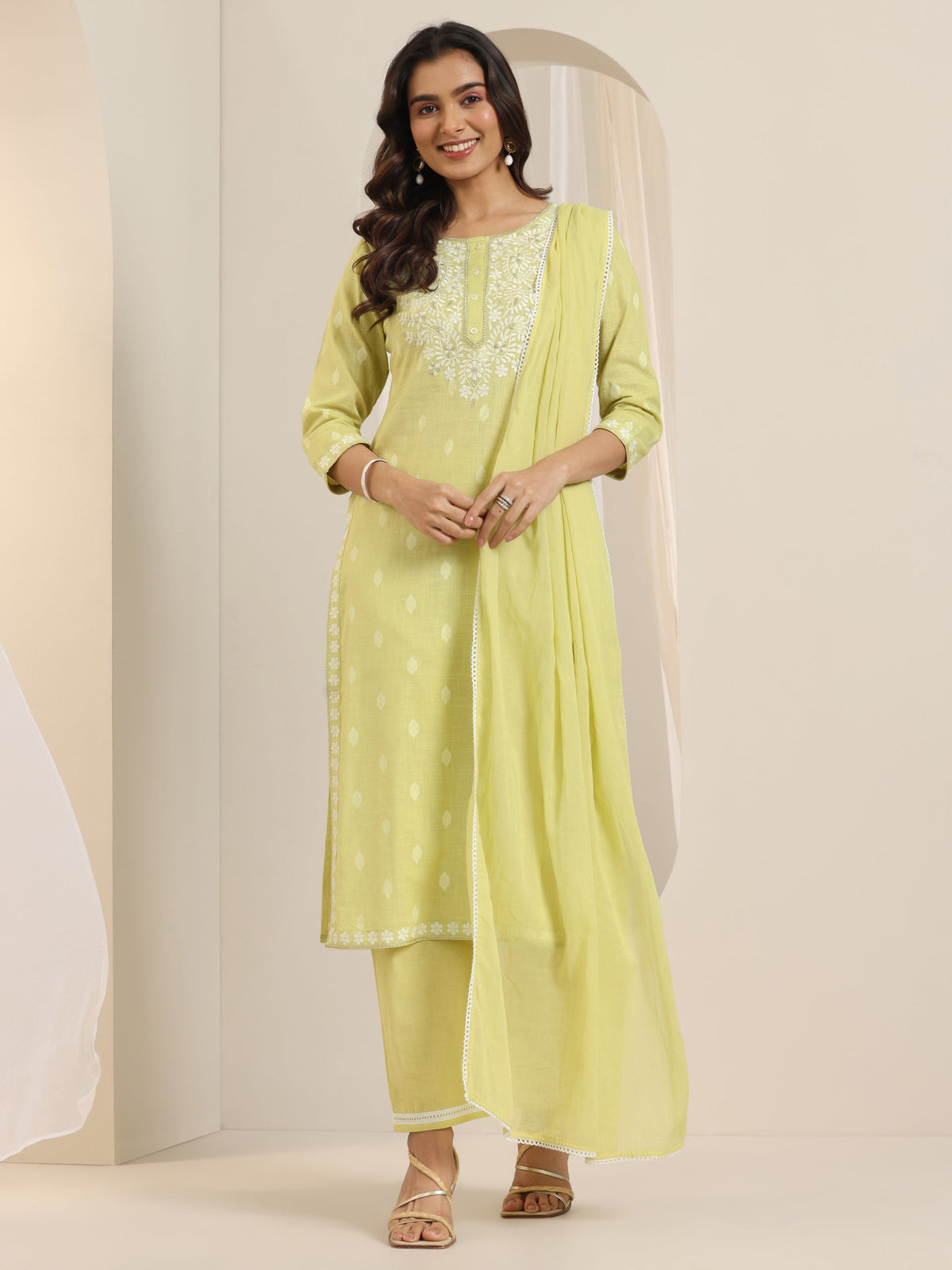 Libas Lime Green Embroidered Cotton Straight Suit Set With Dupatta