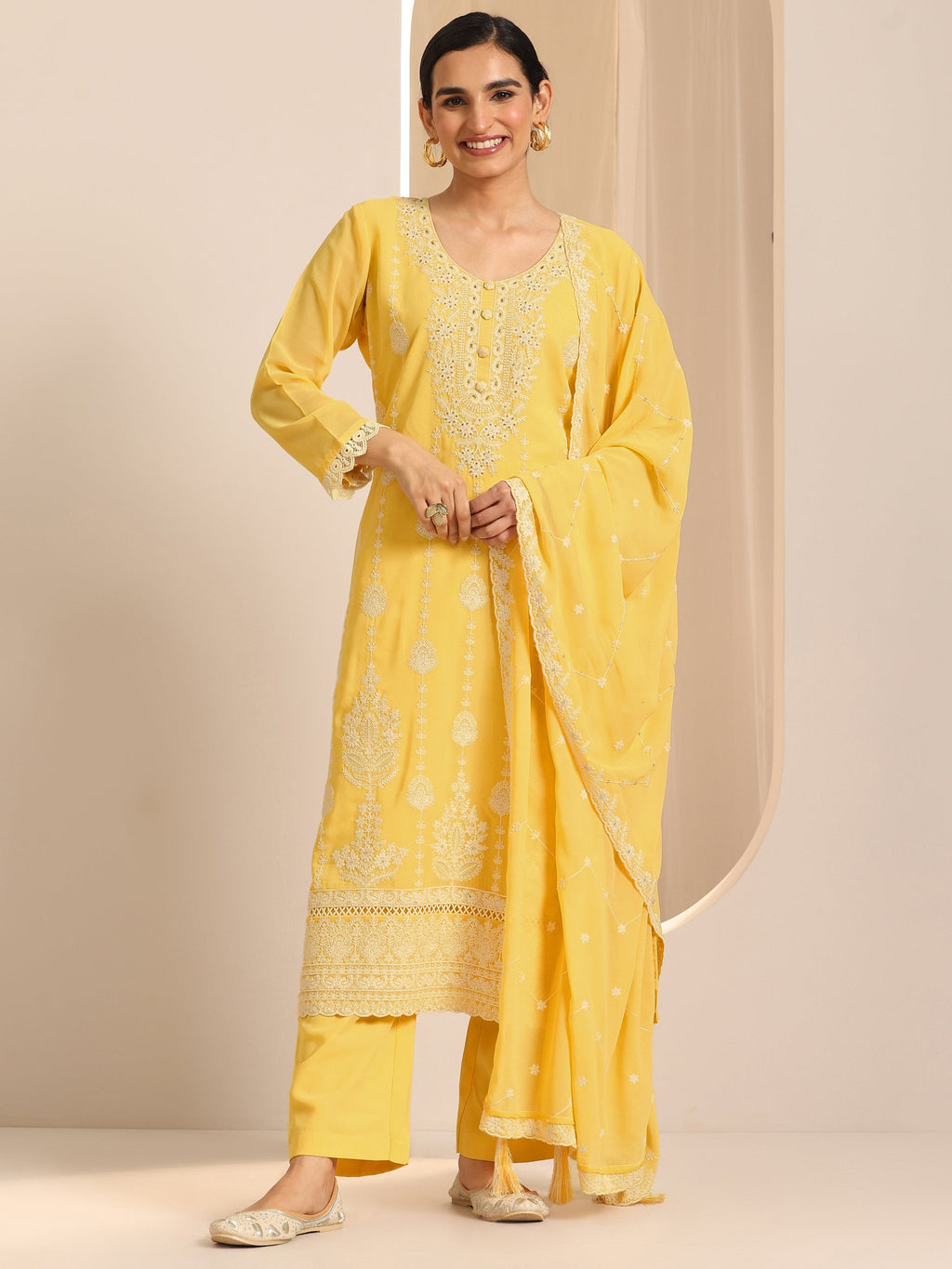Libas Yellow Embroidered Georgette Straight Suit Set With Dupatta