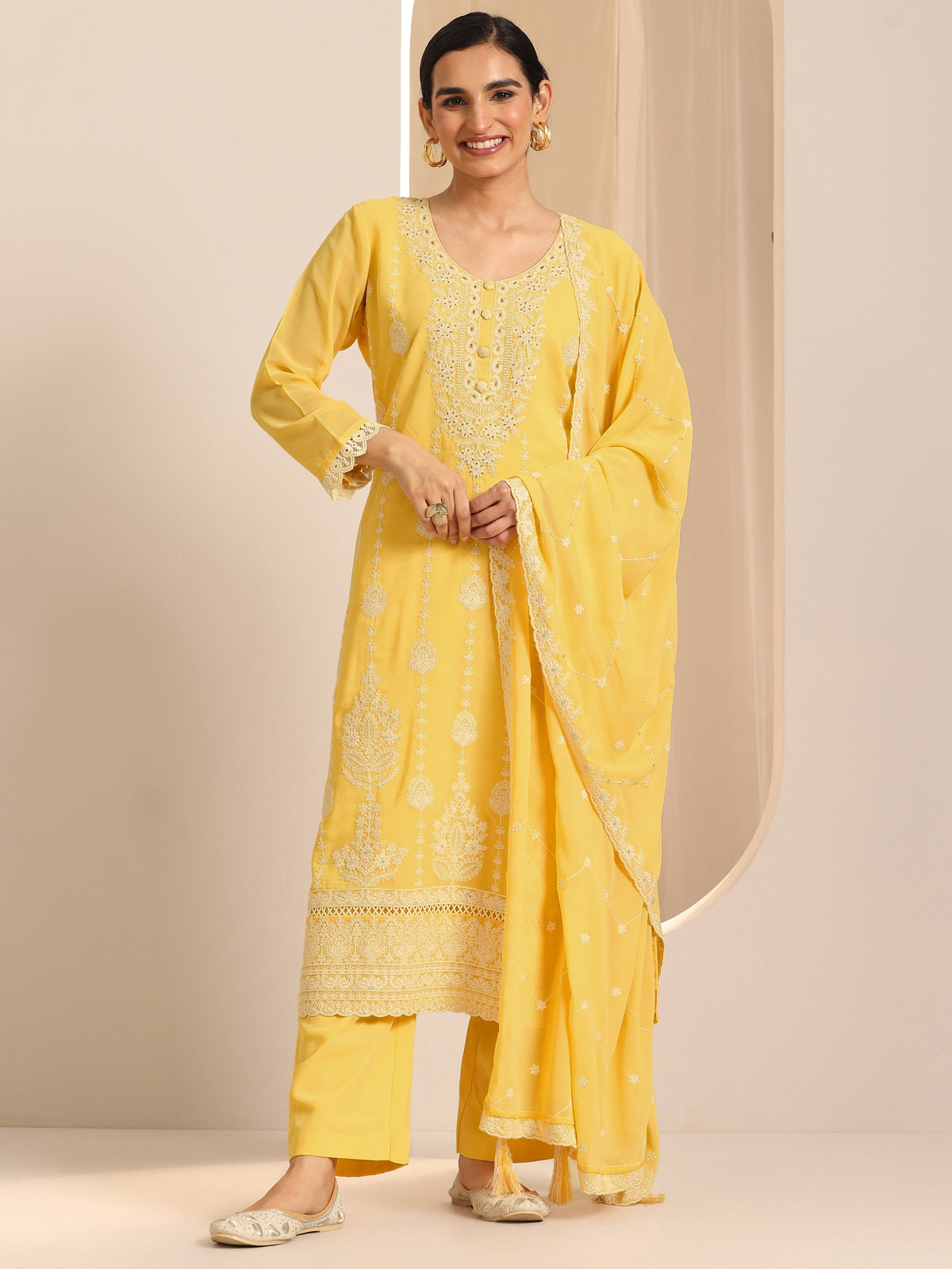 Libas Yellow Embroidered Georgette Straight Suit Set With Dupatta