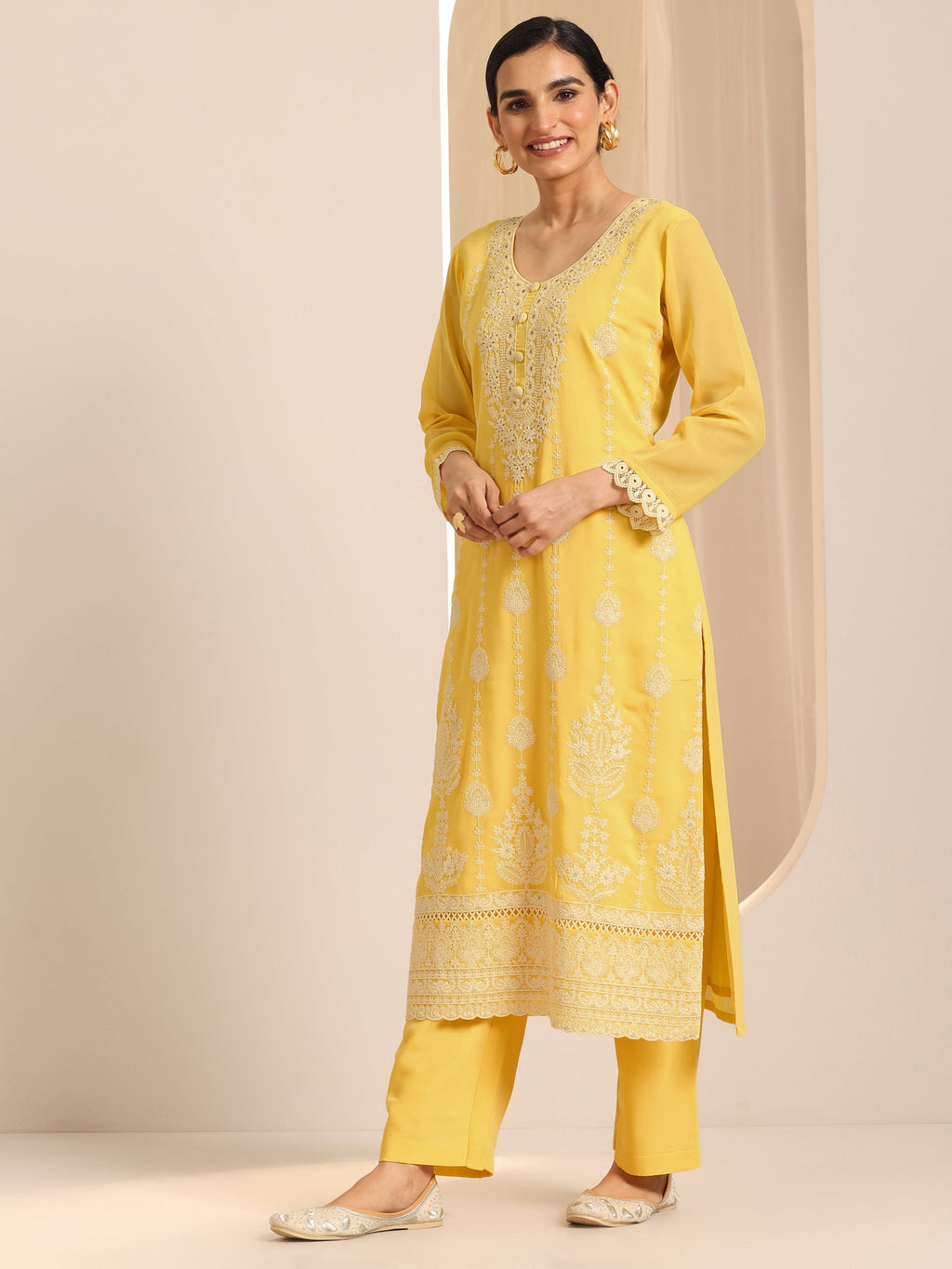Libas Yellow Embroidered Georgette Straight Suit Set With Dupatta