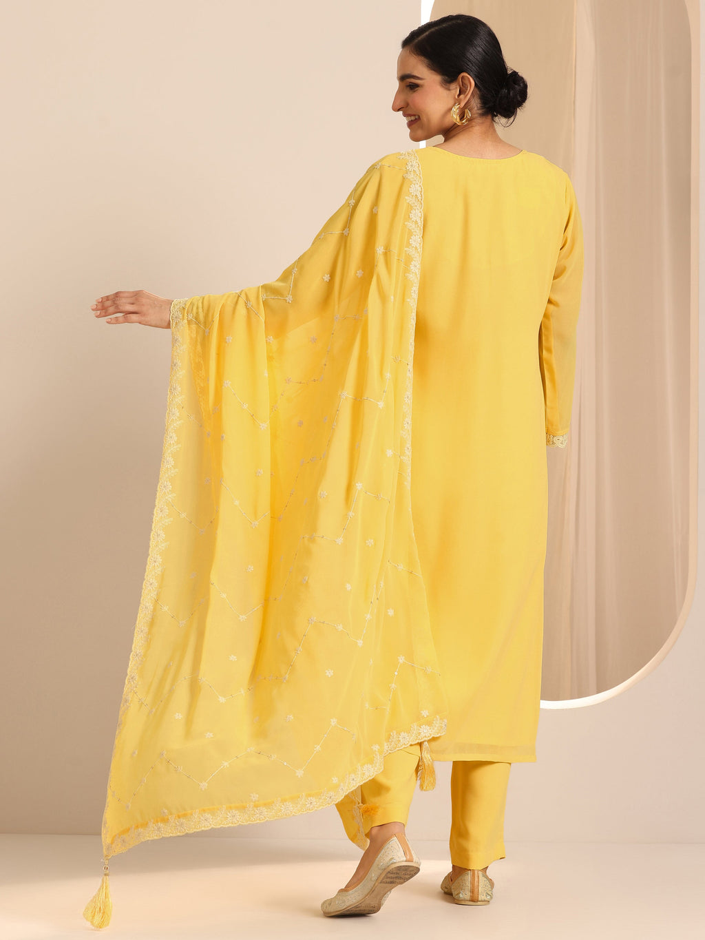 Libas Yellow Embroidered Georgette Straight Suit Set With Dupatta