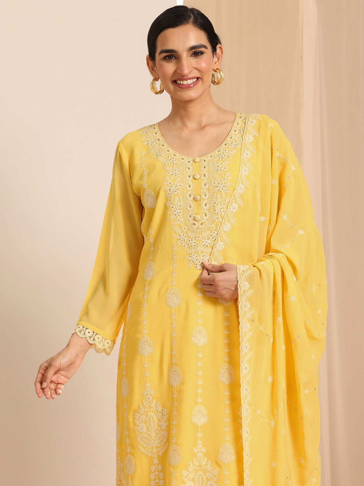 Libas Yellow Embroidered Georgette Straight Suit Set With Dupatta