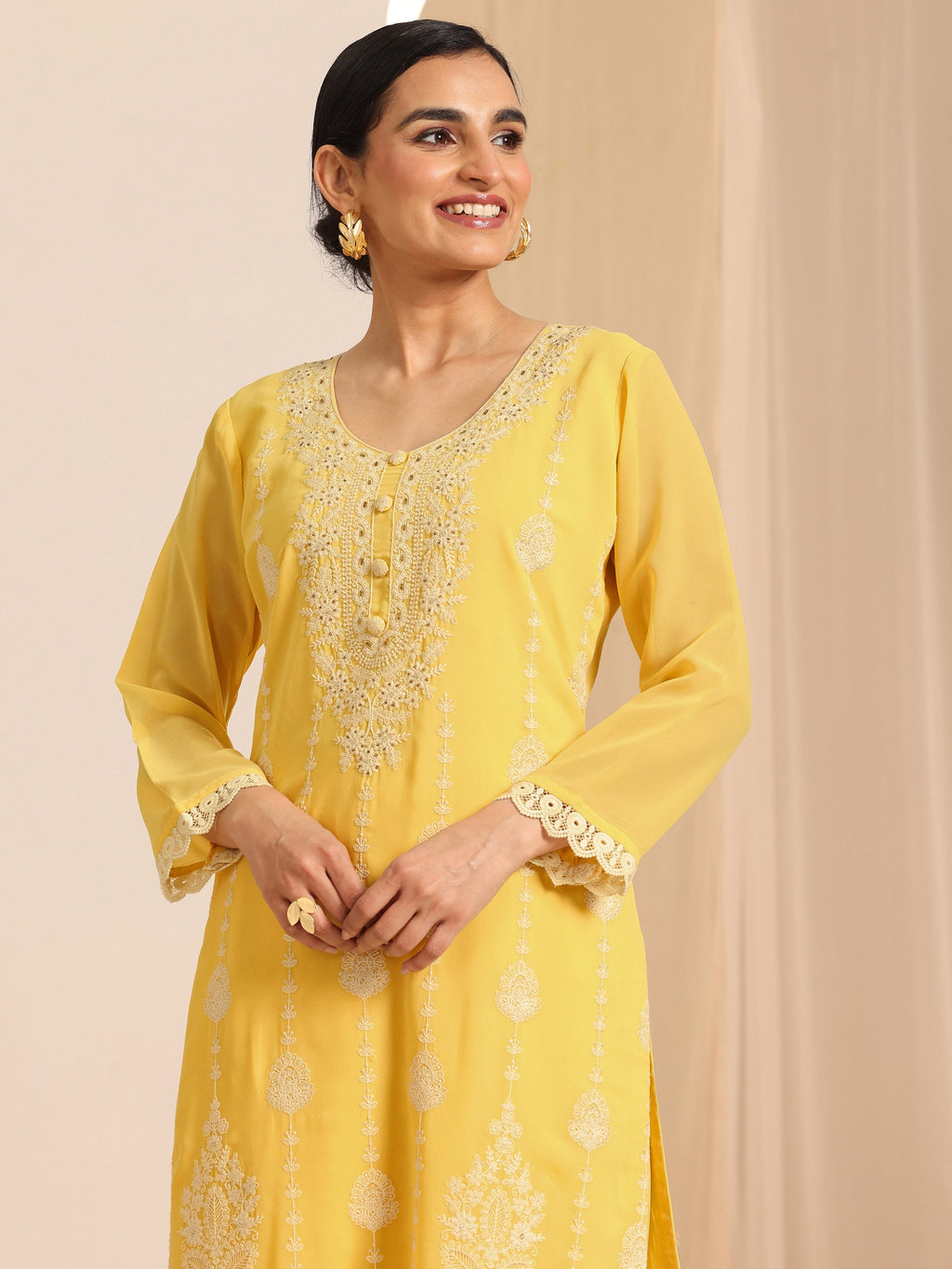 Libas Yellow Embroidered Georgette Straight Suit Set With Dupatta