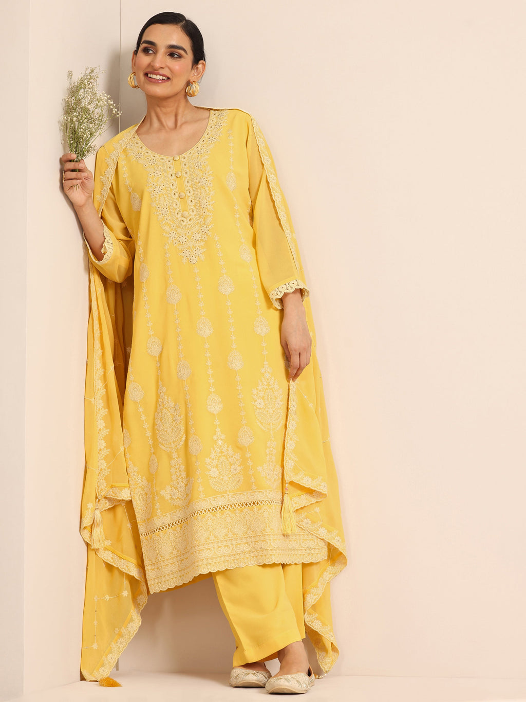 Libas Yellow Embroidered Georgette Straight Suit Set With Dupatta