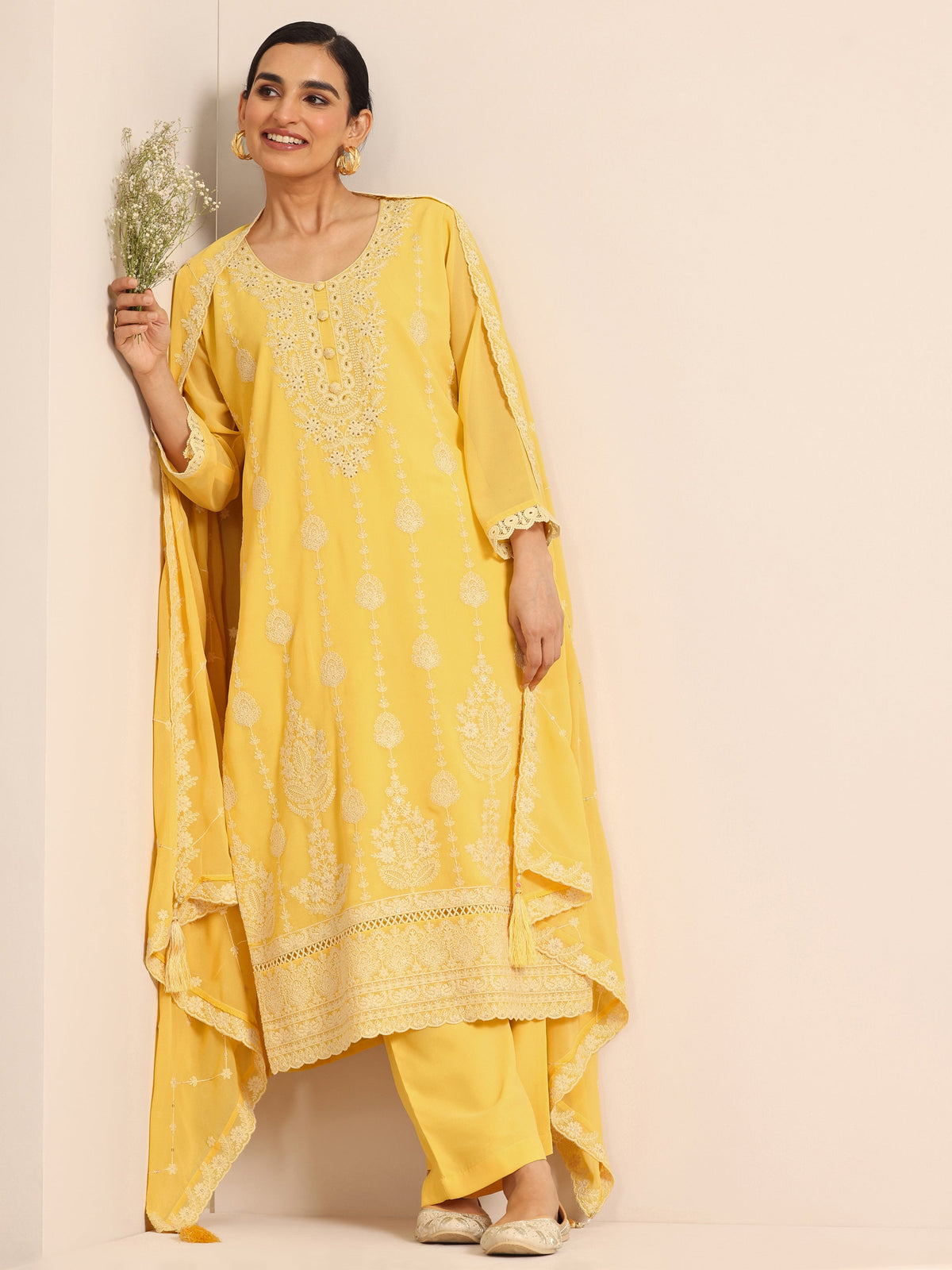 Libas Yellow Embroidered Georgette Straight Suit Set With Dupatta