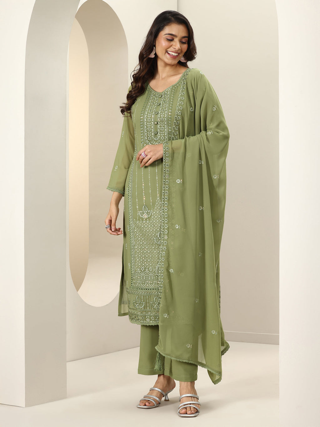 Libas Green Embroidered Georgette Straight Suit Sets With Dupatta