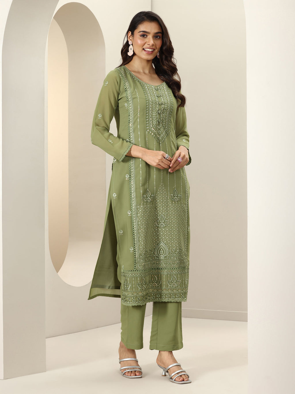 Libas Green Embroidered Georgette Straight Suit Sets With Dupatta