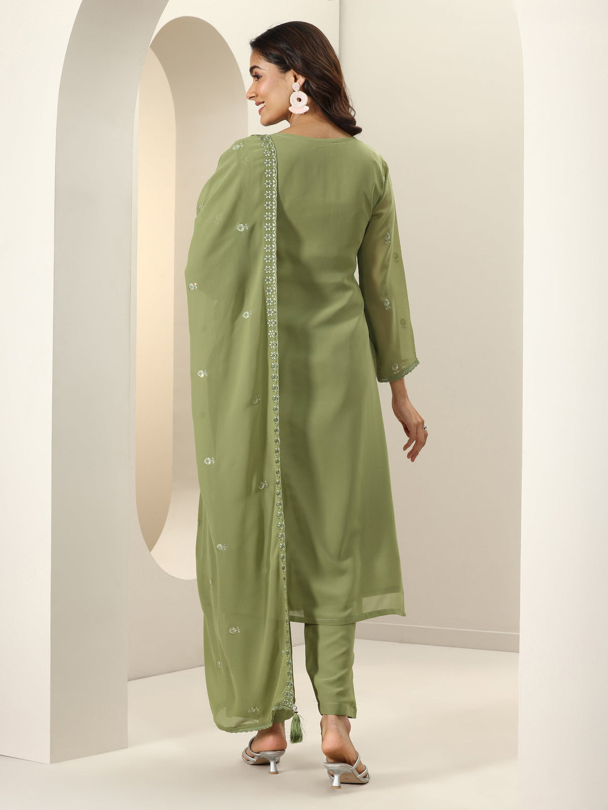 Libas Green Embroidered Georgette Straight Suit Sets With Dupatta