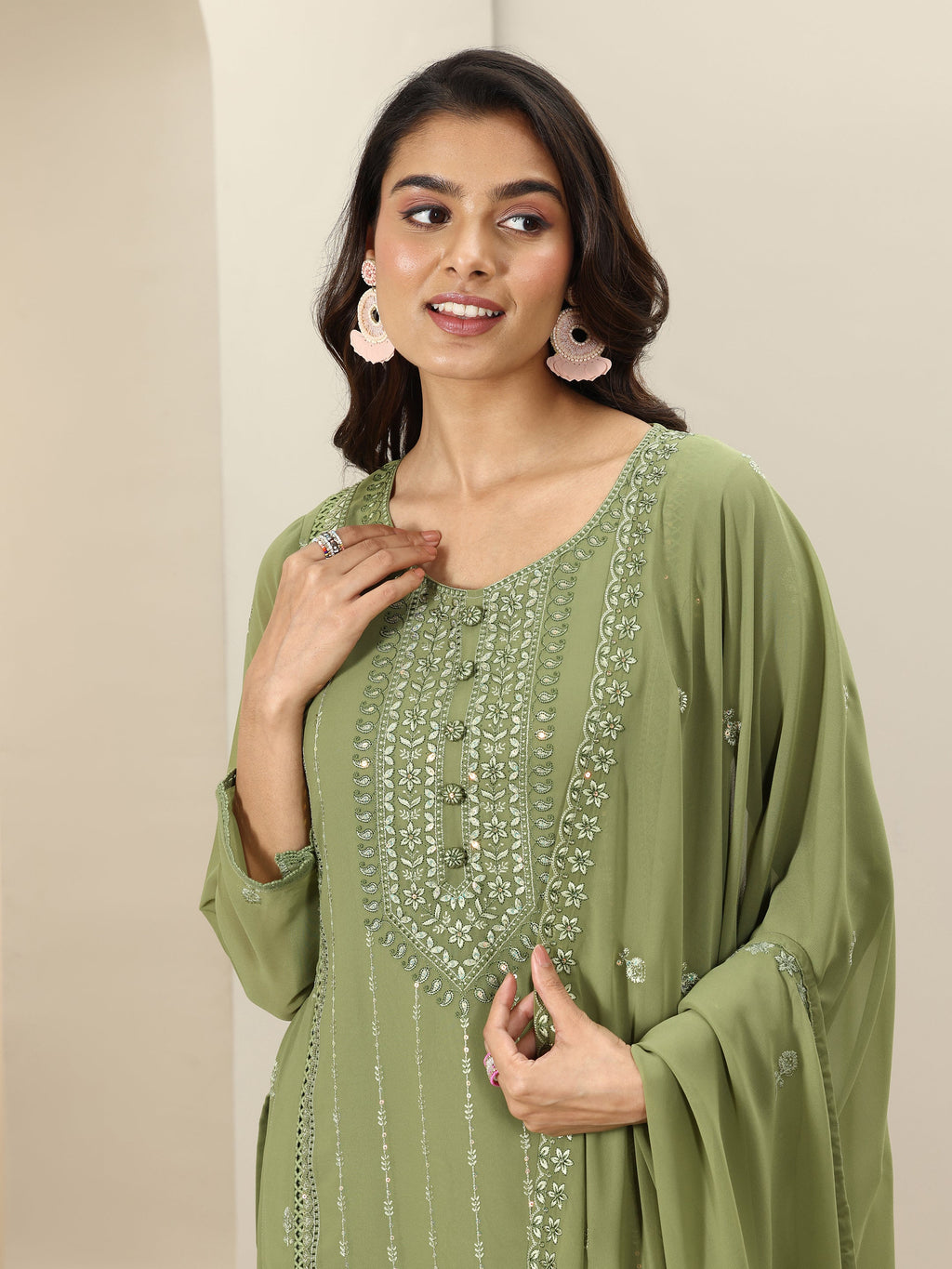 Libas Green Embroidered Georgette Straight Suit Sets With Dupatta