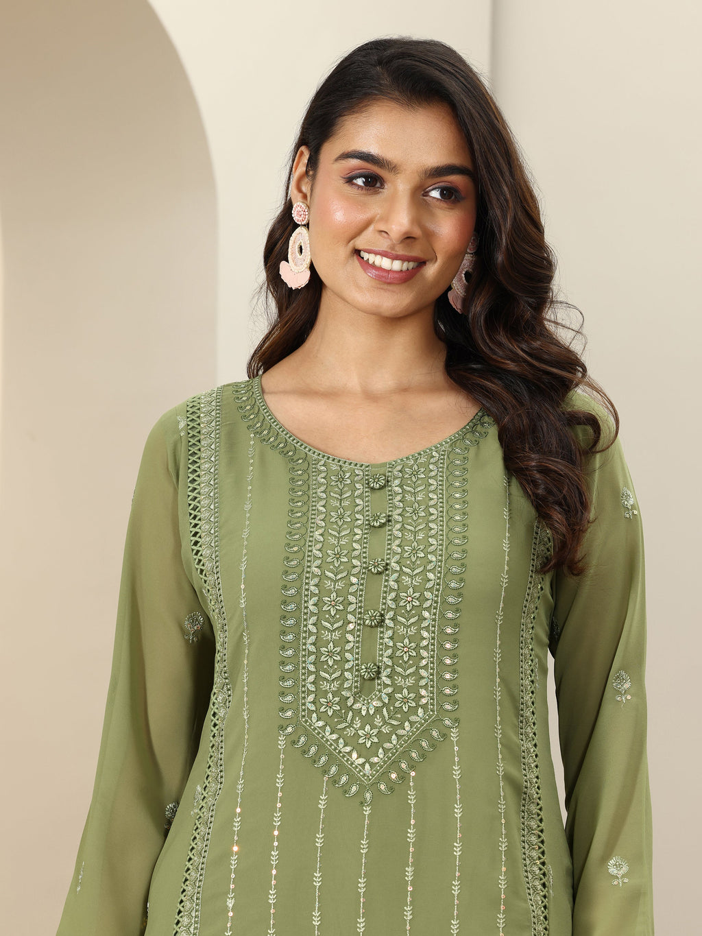 Libas Green Embroidered Georgette Straight Suit Sets With Dupatta