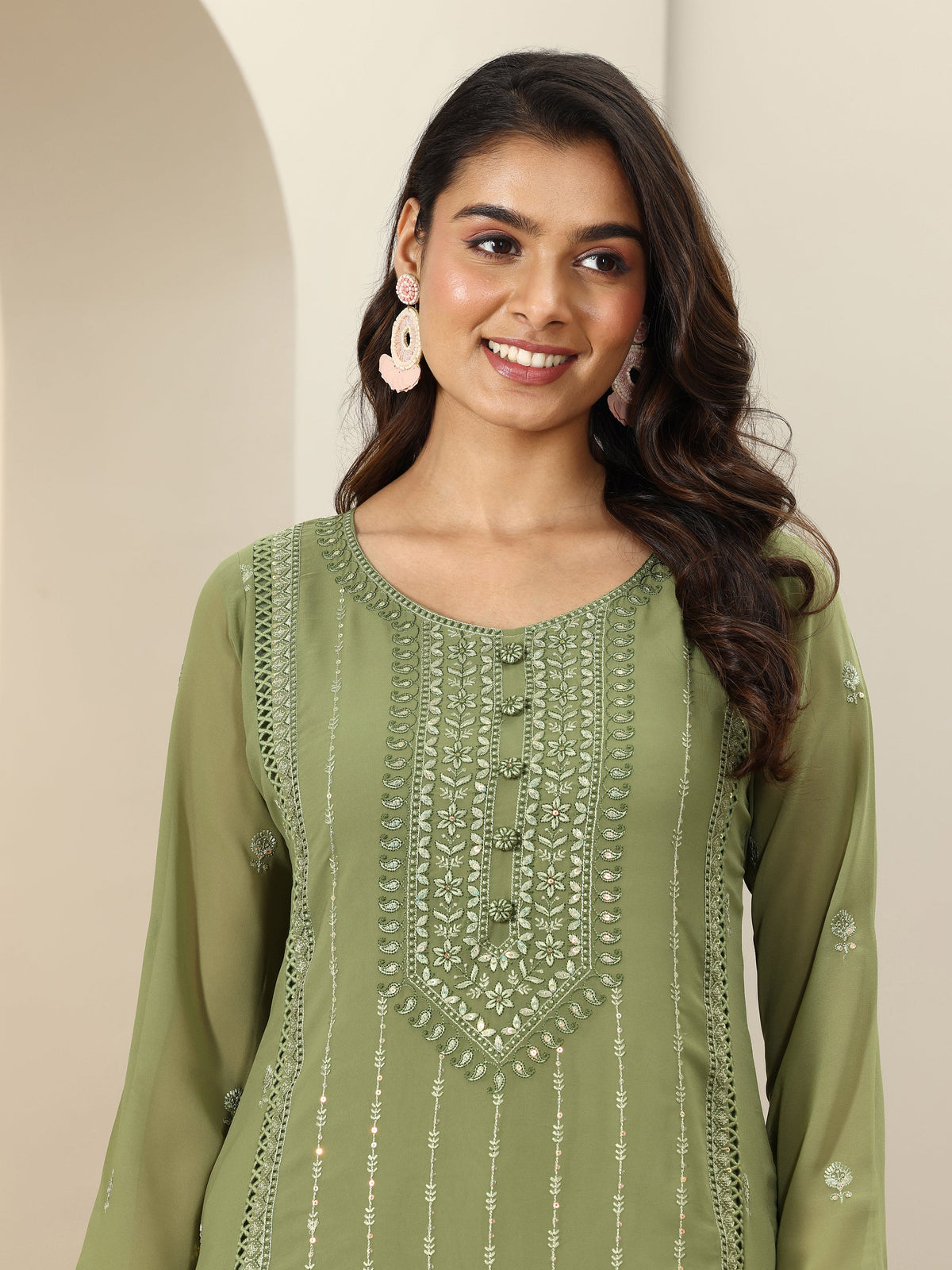 Libas Green Embroidered Georgette Straight Suit Sets With Dupatta