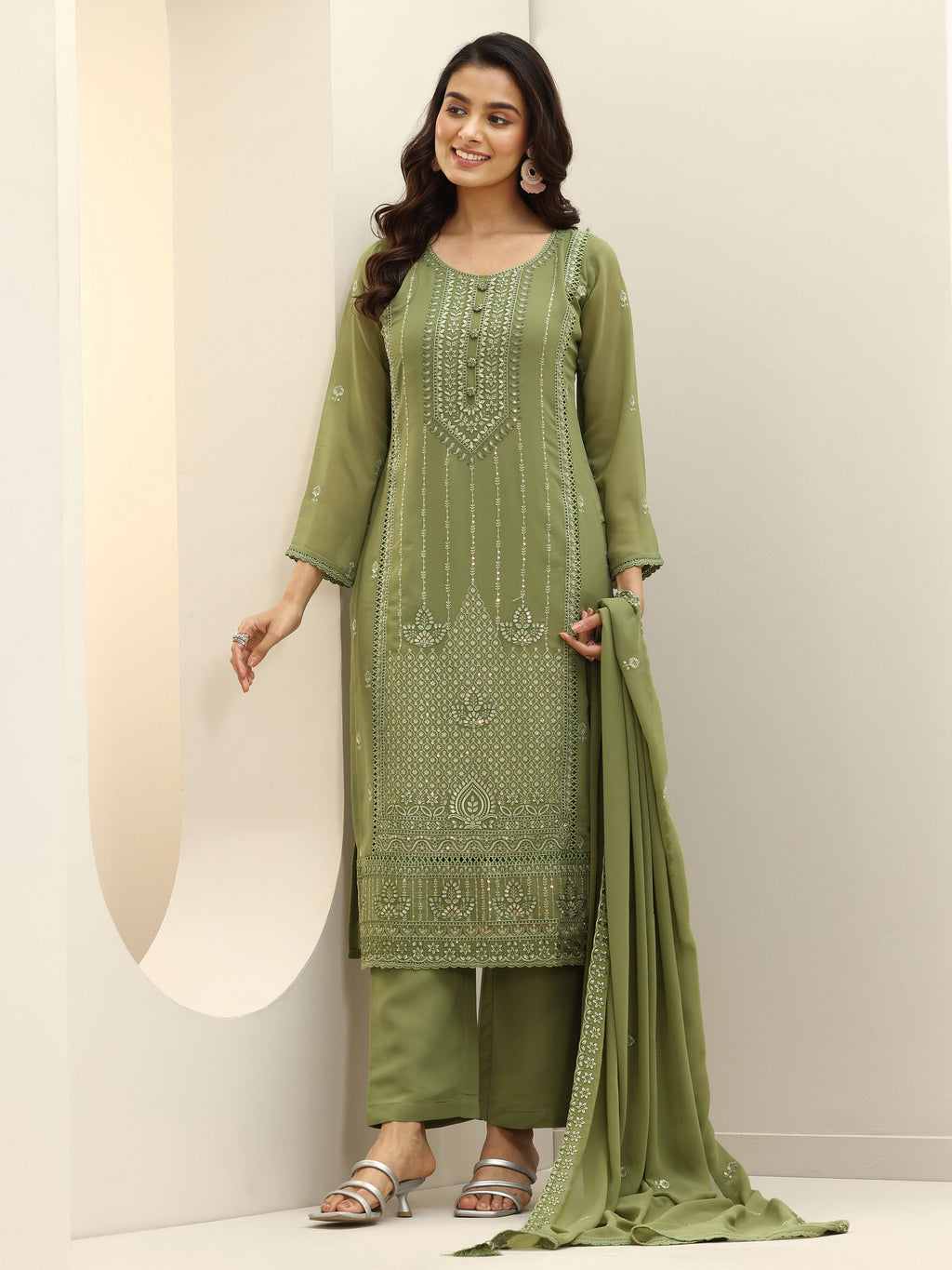 Libas Green Embroidered Georgette Straight Suit Sets With Dupatta
